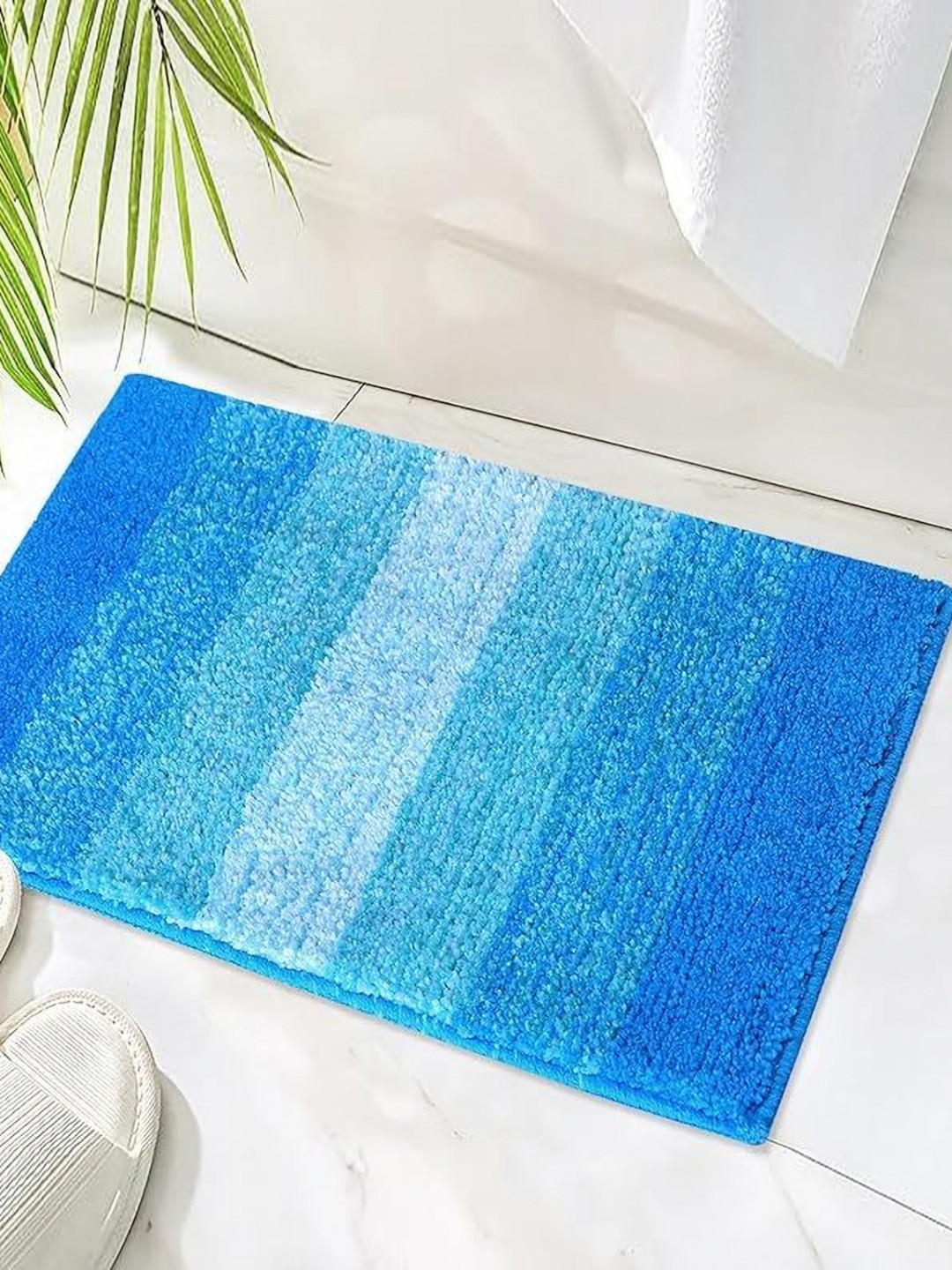 RADECOR Blue Striped Soft Fluffy Anti-Skid Bath Mat