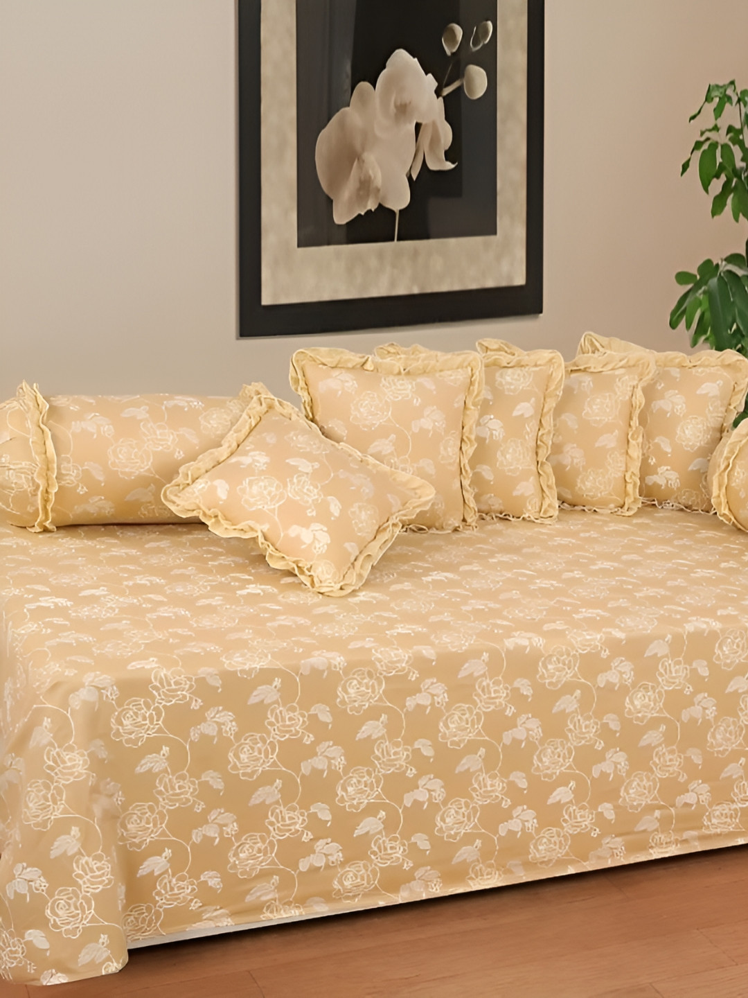 Luxmi Cotton Fabrics 8-Pcs Beige & White PrintedDiwanSet