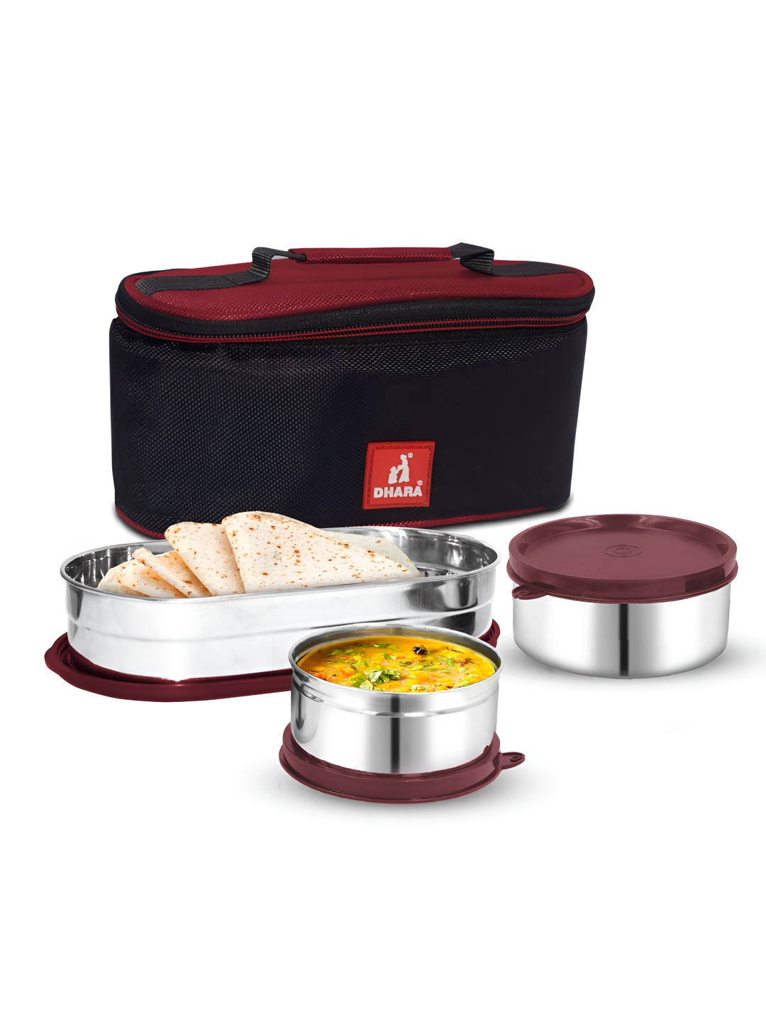 Dhara Stainless Steel Break Time Insulated Dishwasher Safe 4PC Lunch Box With Spoon & Fork
