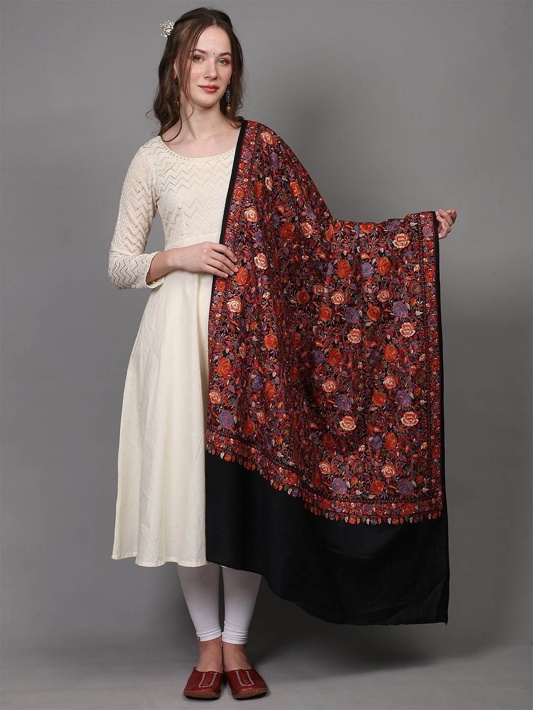 Exotic India Pure Wool Shawl from Punjab With Intricate Embroidered Floral Vines