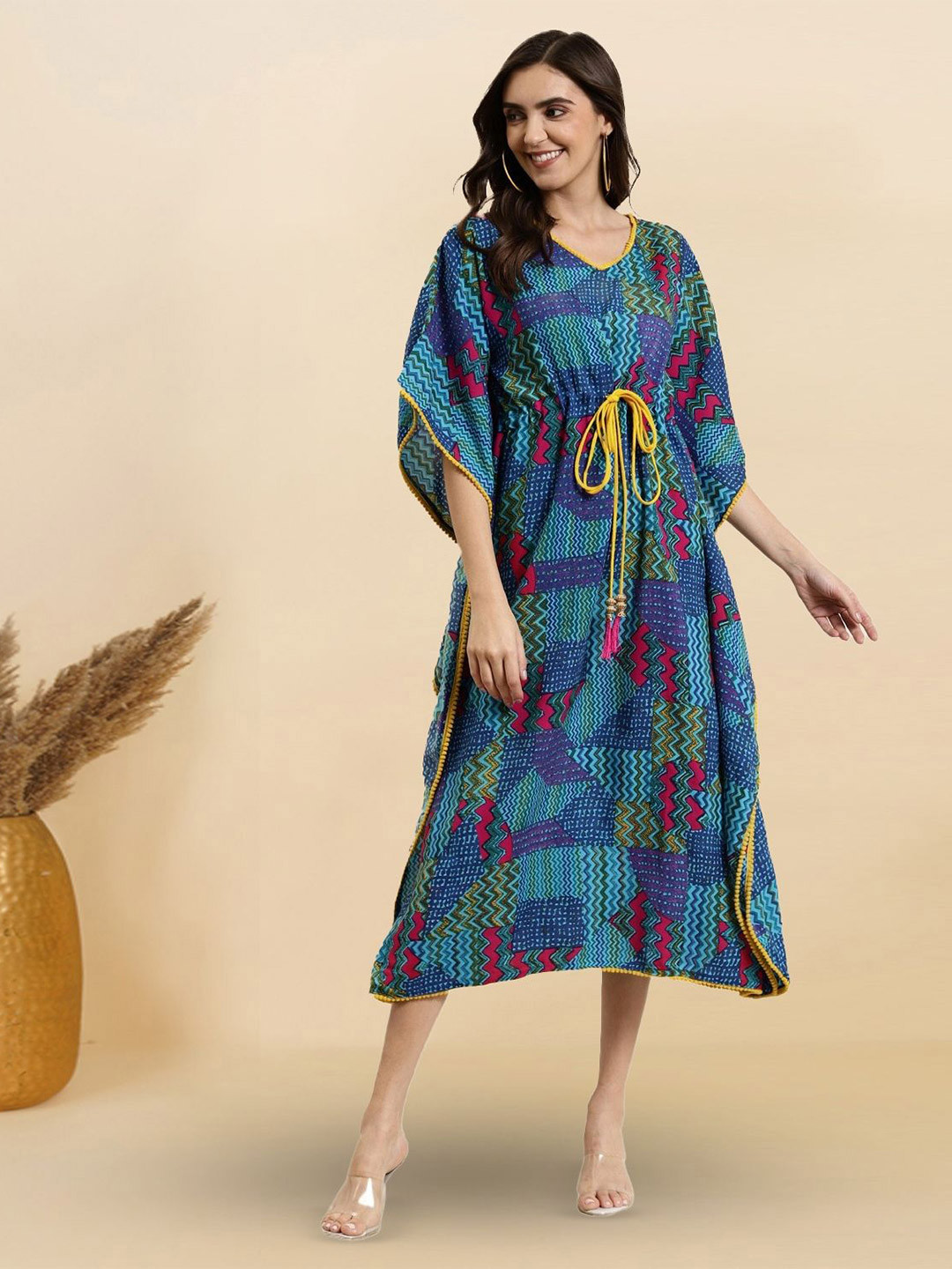 YASH GALLERY Women Chevron V-Neck Chevron Printed Kaftan Midi Dress