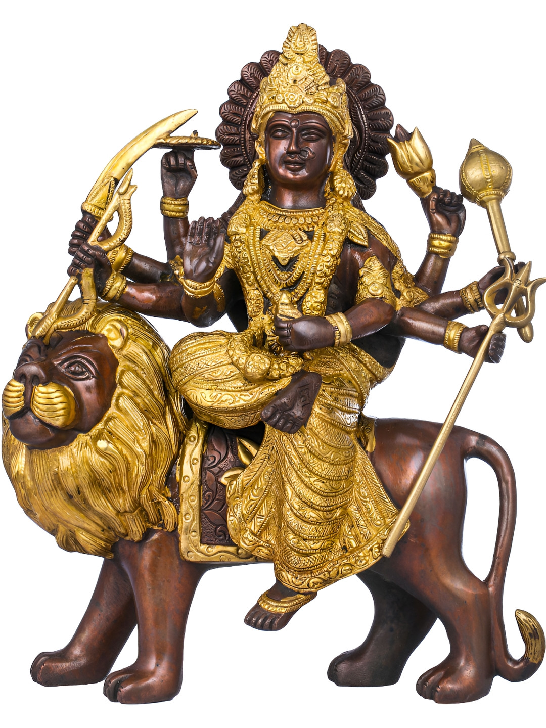 Exotic India Mother Goddess Durga Seated on Lion Brown Brass Metallic Prayer Room Hand Made Medium Showpiece - 13.2 Inches