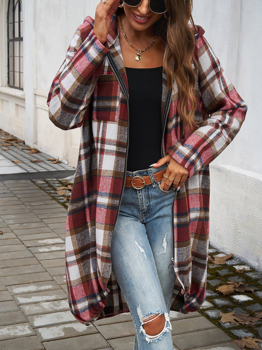 Outzidr Checked Front Zipper Longline Shacket