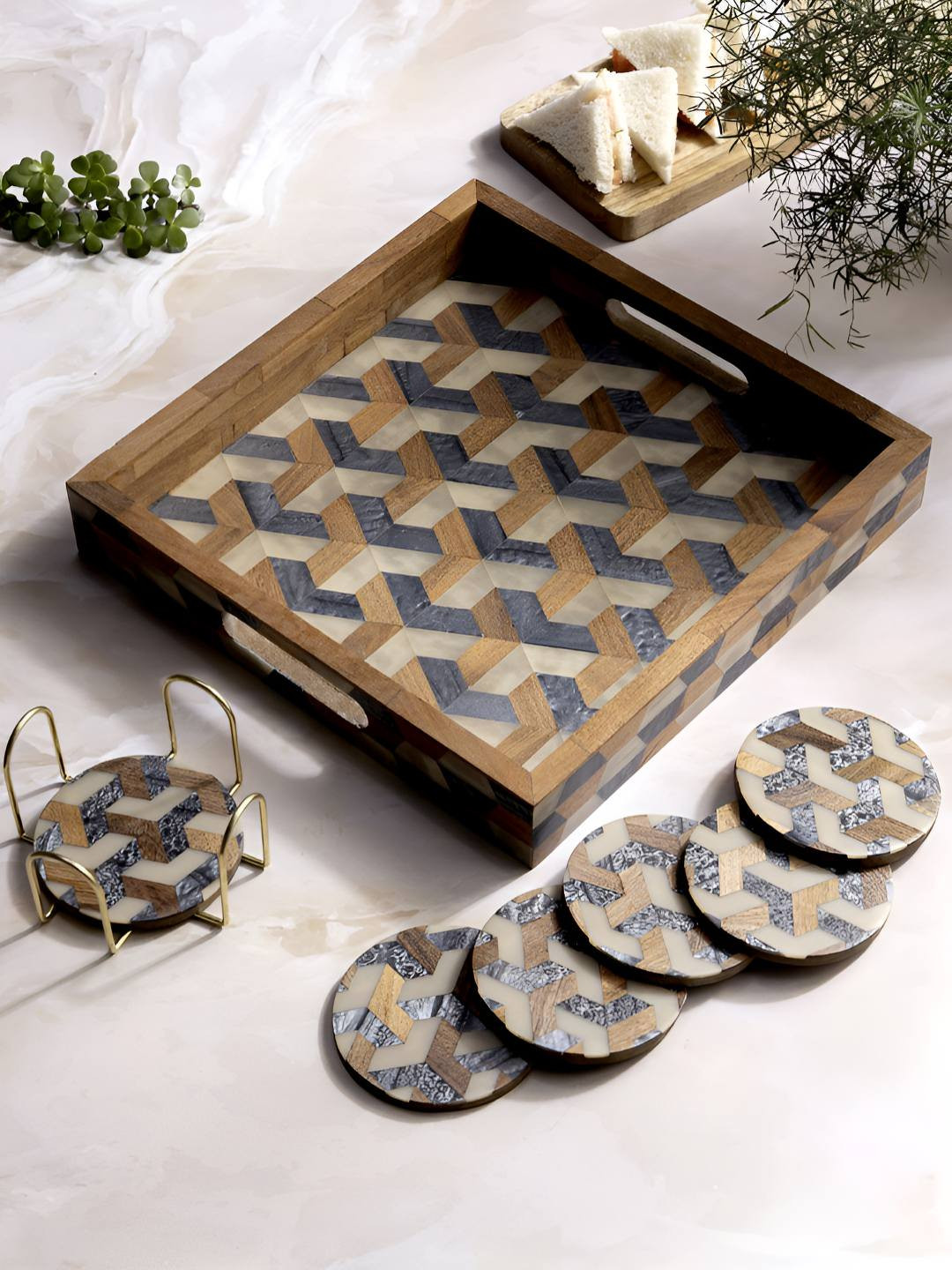 DULI Brown 7 Pieces Easy To Clean Waterproof Wood Serving Tray & Coasters