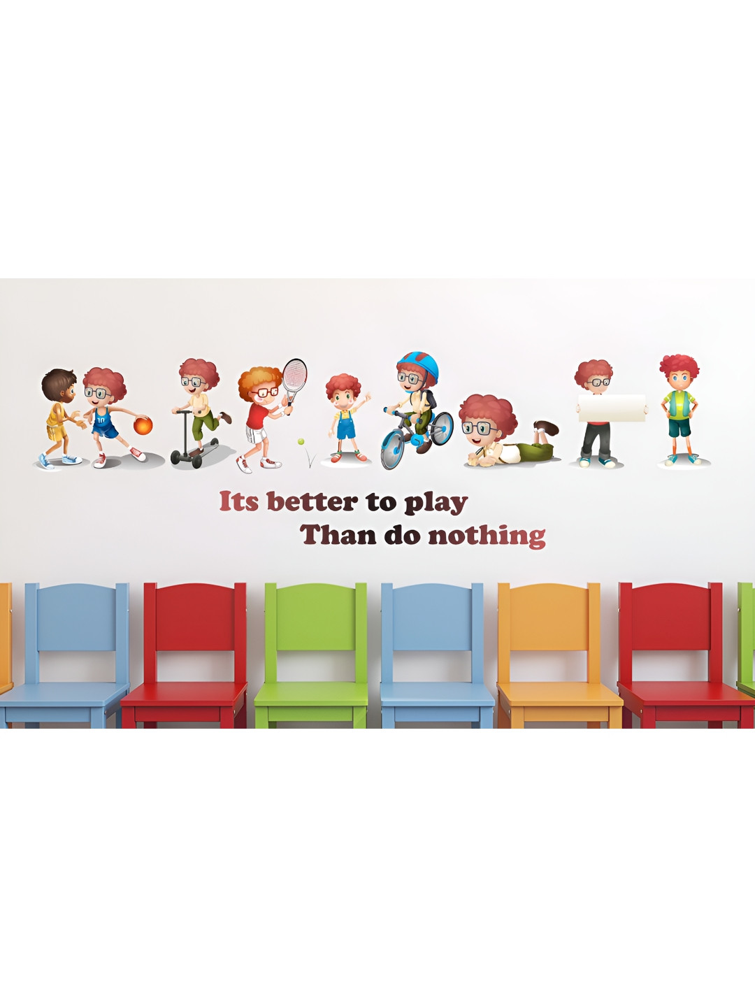 LANSTICK Brown & Red Little Kids Playing Together Self Adhesive Wall Sticker