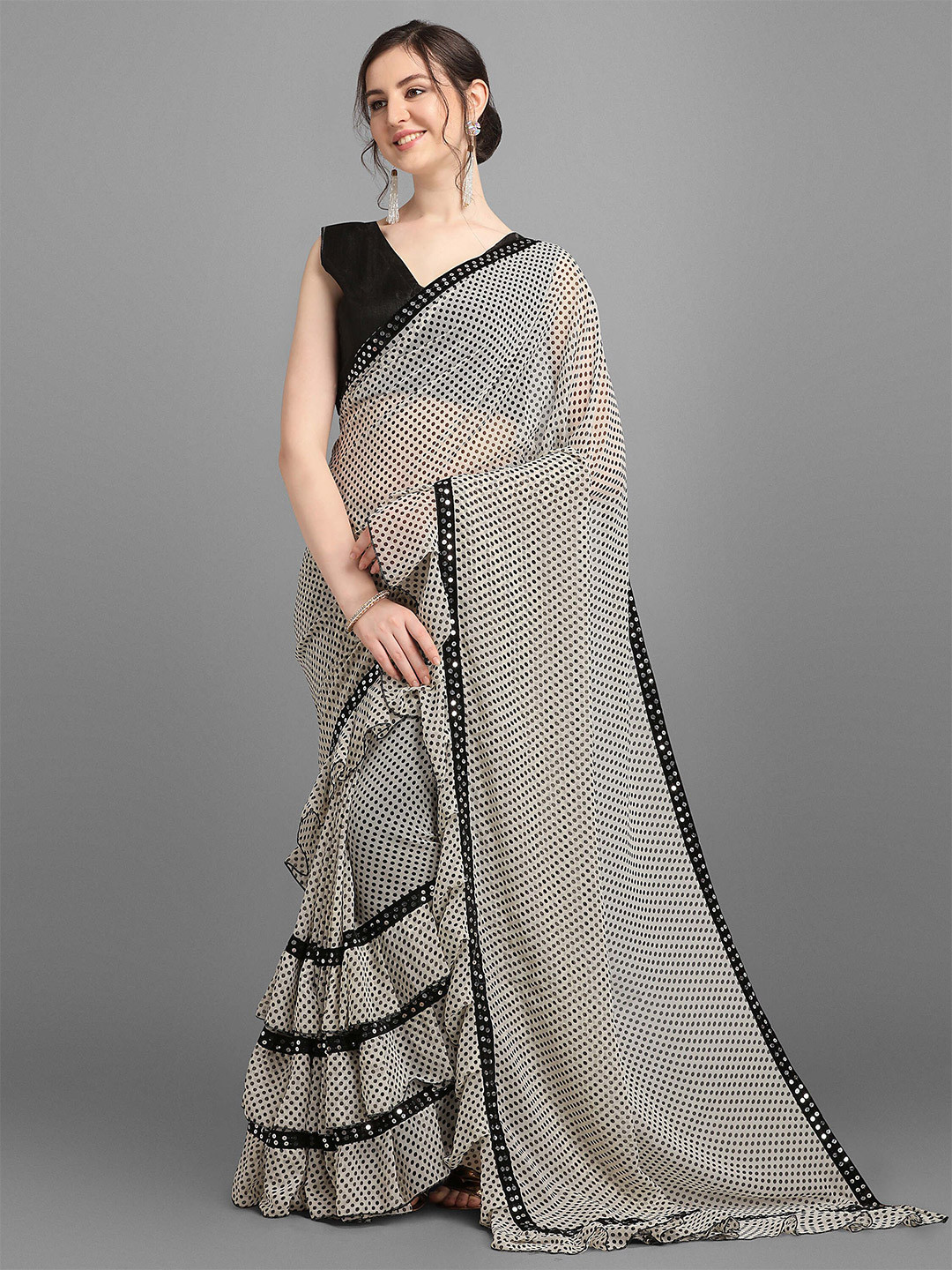 limtd Polka Dots Printed Sequinned Pure Georgette Block Print Ruffles Saree