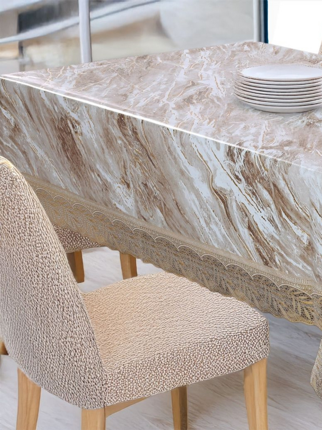 Stylista Copper-Toned And White Printed Rectangle 8-Seater Table Cover