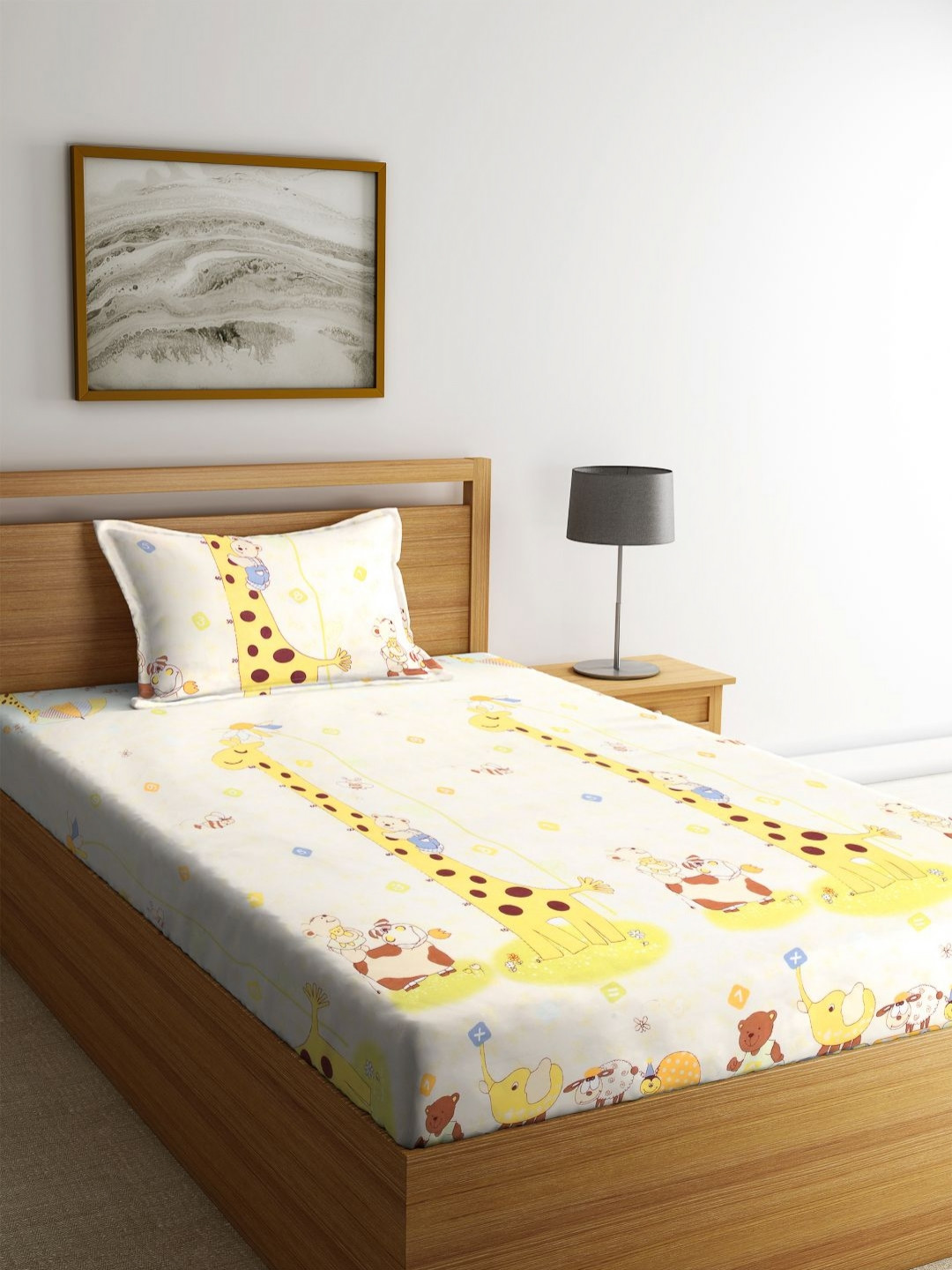 Aura Yellow Animal Polycotton Skin-Friendly 350 TC Single Superfine Bedsheet with a Pillow Cover-85 x 59 inches