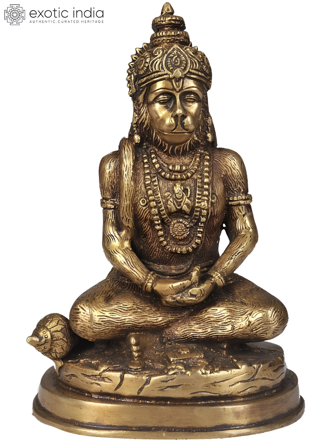 Exotic India Hanuman Ji Meditating on Lord Rama Gold Brass Metallic Prayer Room Hand Made Small Showpiece - 7.4 Inches