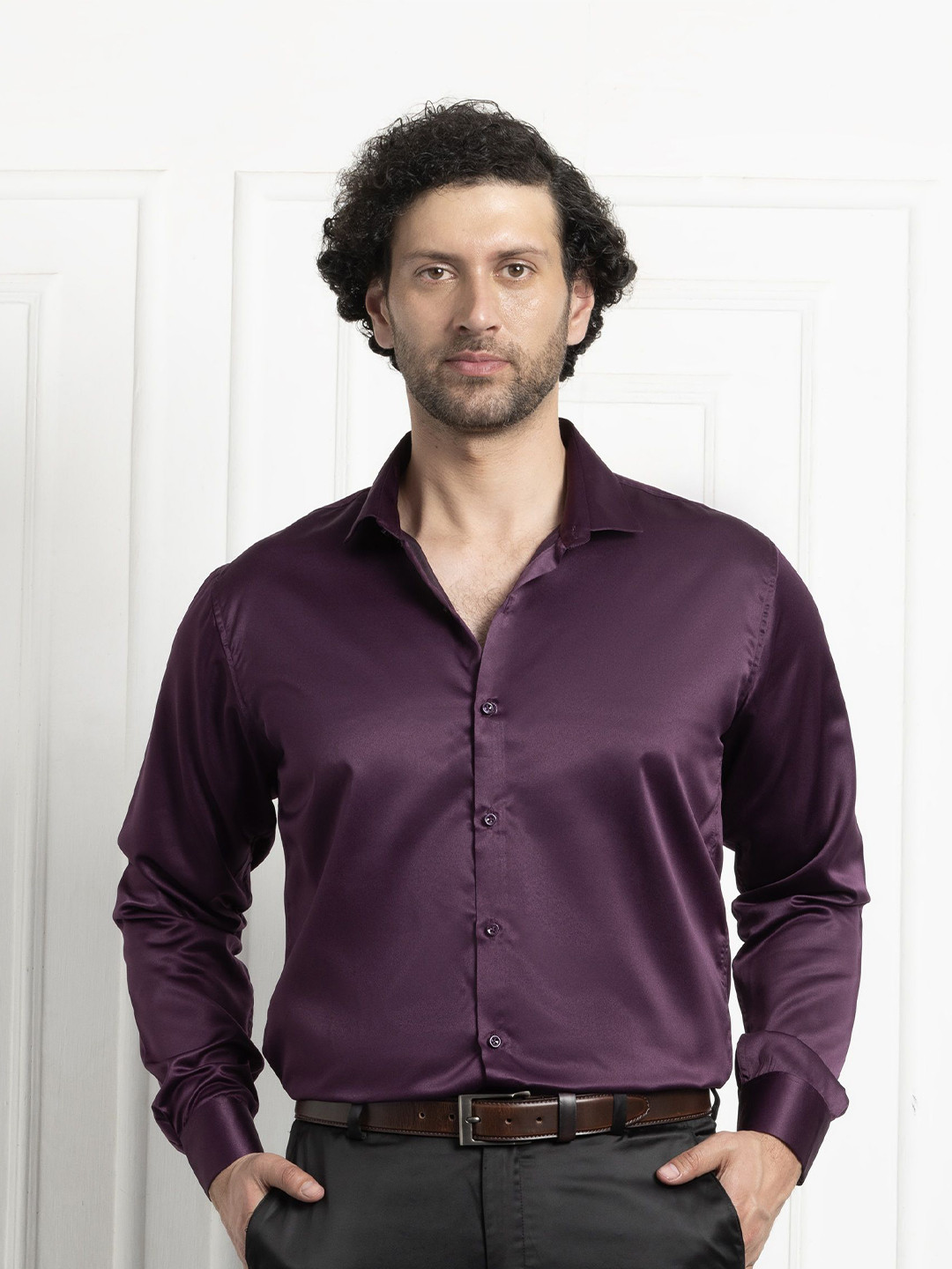 CVC Men Regular Fit Poly Satin Silk Wine Shirt