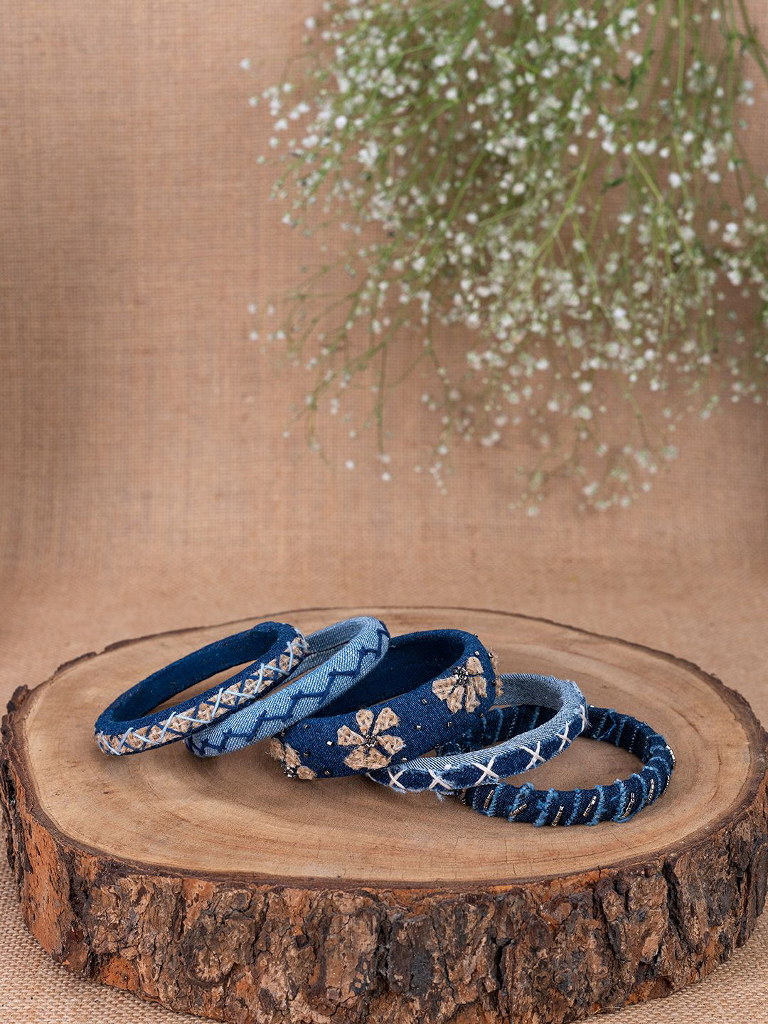 Taasha Craft Juliet Set Of 5 Embroidered Denim Bangles