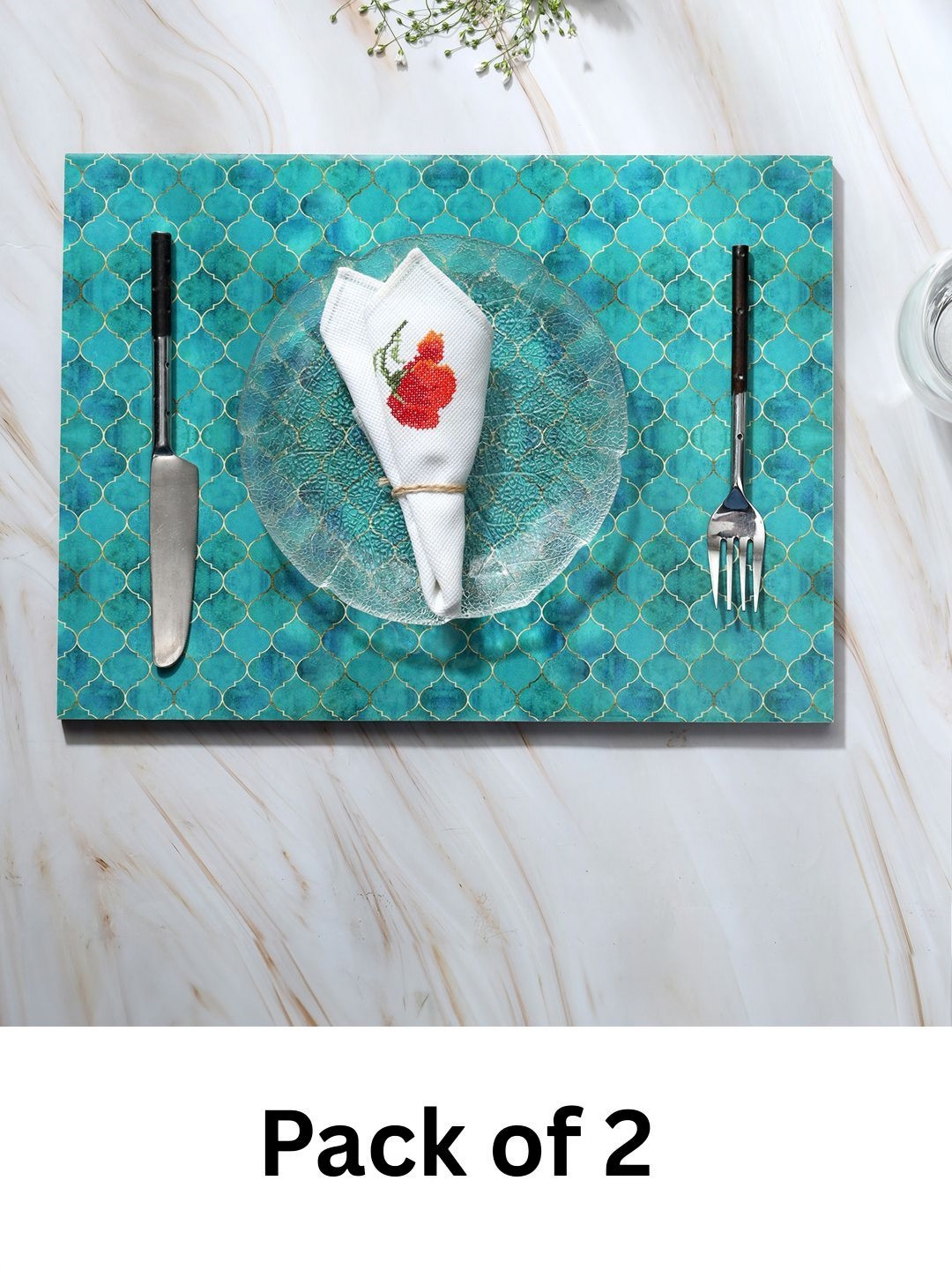 DULI Set Of 2 Teal-Blue Geometric Printed Wooden & Enamel Coated Rectangle Table Placemats