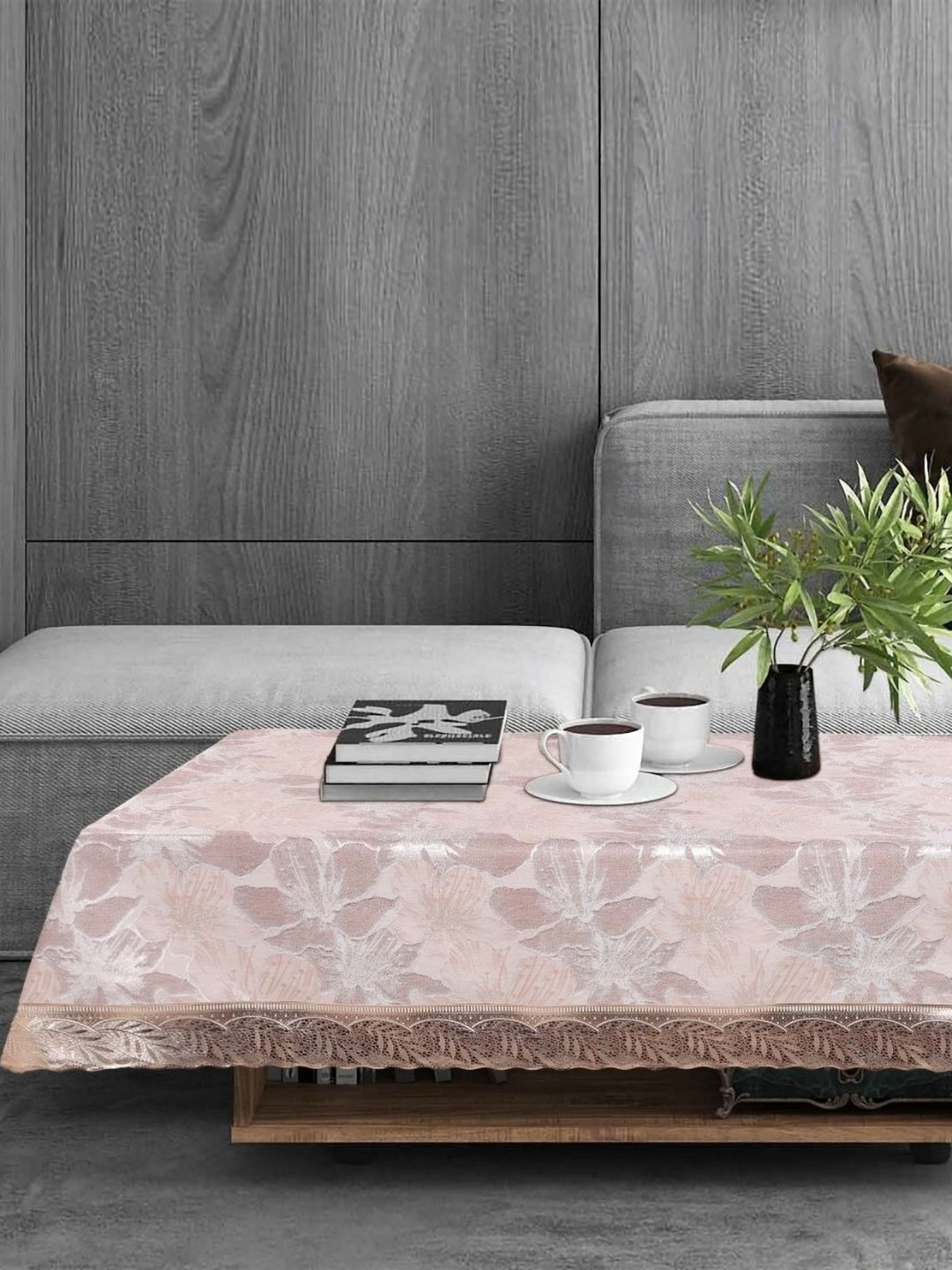 Stylista Metallic Toned Floral Printed 2-Seater Table Cover With Stylish Lace Border