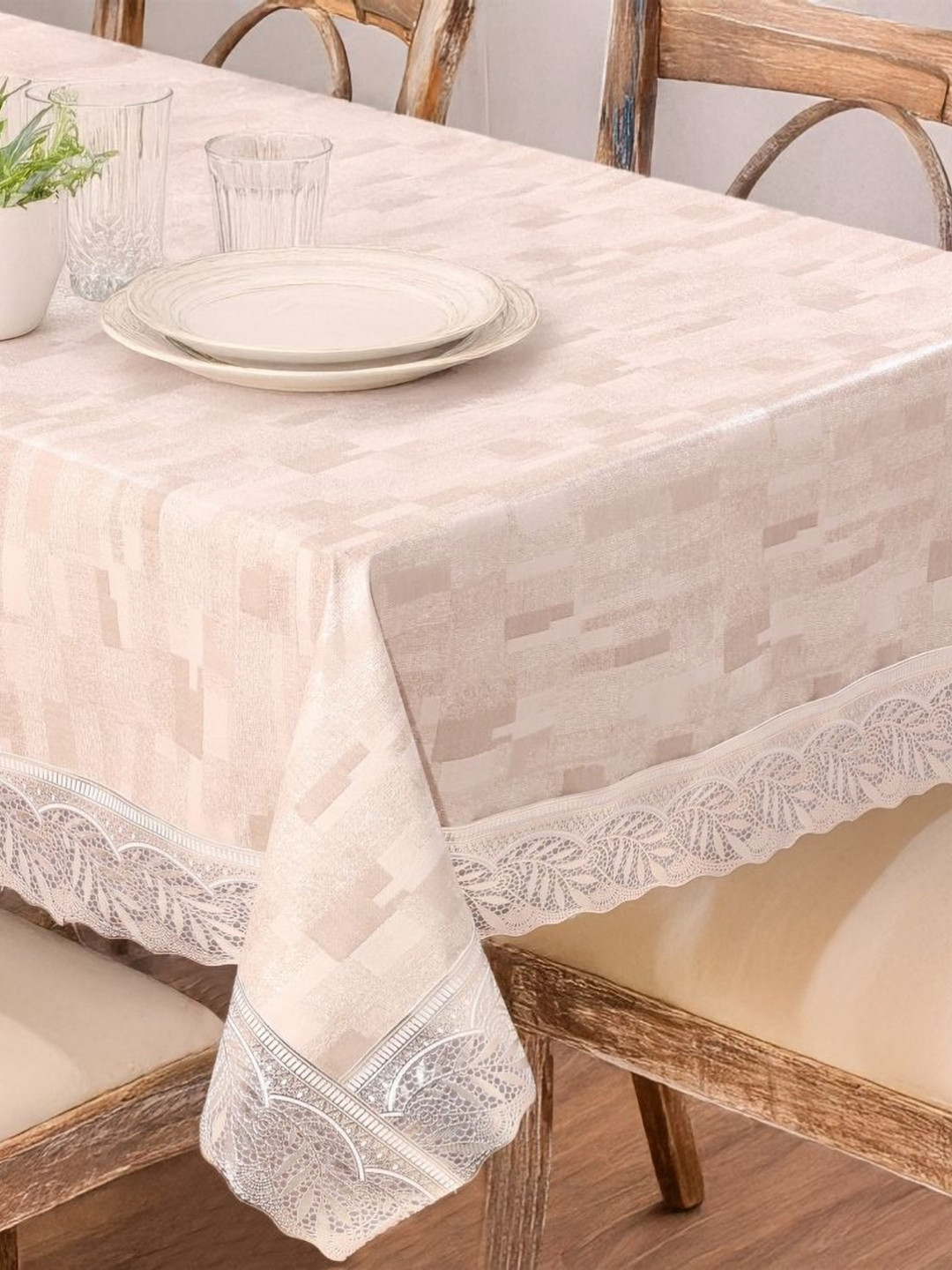 Stylista Beige 8-Seater Rectangle Anti-Slip Table Cover With Stylish Lace Border