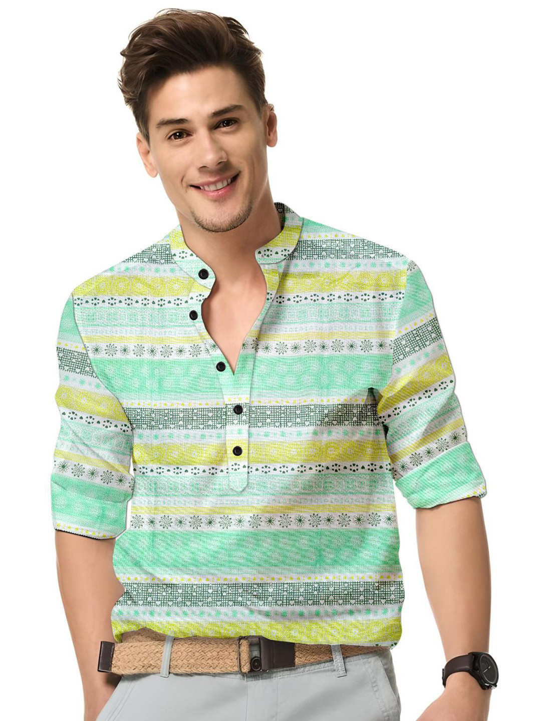 ISUEL FAB Men Green Multi Stripes Casual Shirt