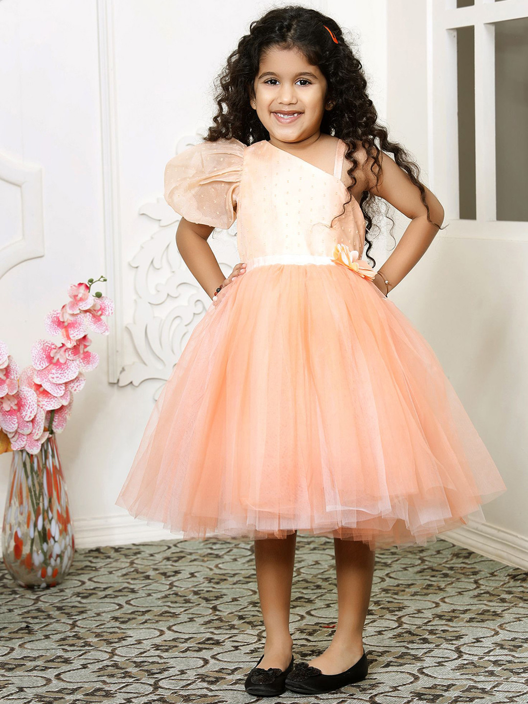 Toy Balloon kids Girls Self Design Tie-Ups Fit And Flare Knee Length Dress