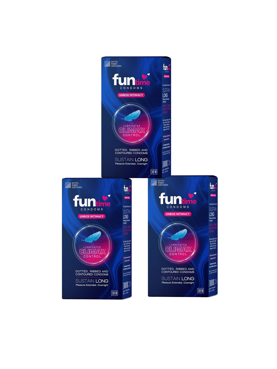 Funtime Pack Of 3 Dotted & Ribbed Climax Control Condoms- 30 Pcs
