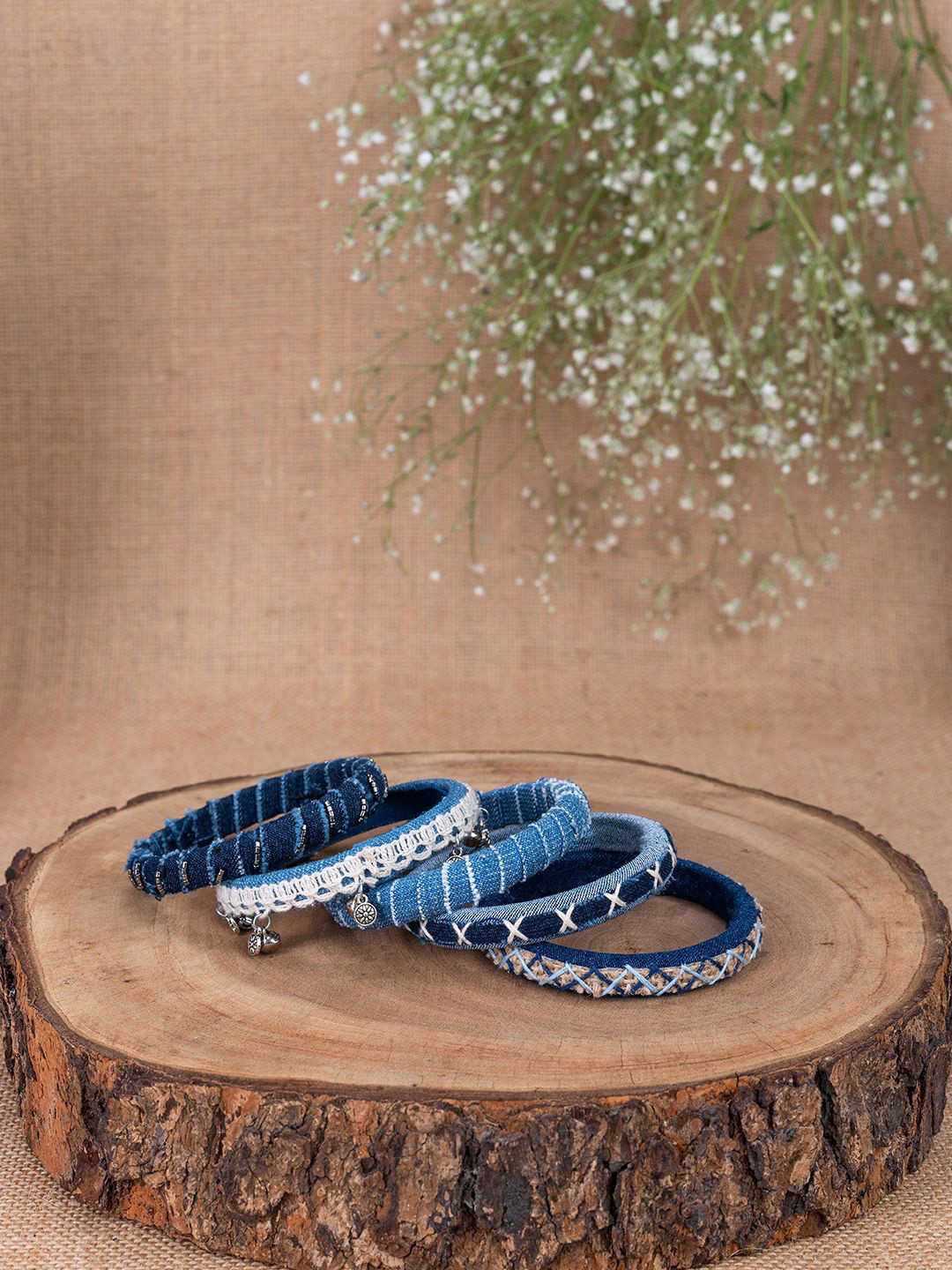 Taasha Craft Blusey Set Of 5 Ghungroo Studded & Beaded Denim Bangles
