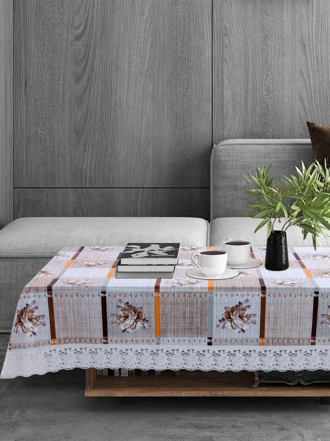 Stylista Off White & Grey Floral Printed 2-Seater Table Cover With Stylish Lace Border