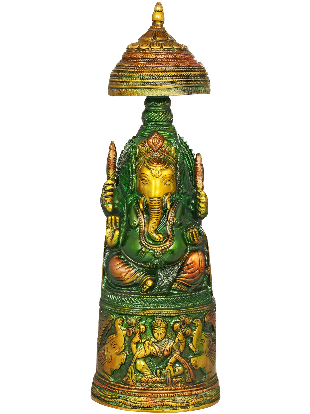Exotic India Ganesha with Lakshmi Ji Green Brass Metallic Prayer Room Hand Made Medium Showpiece - 10.5 Inches