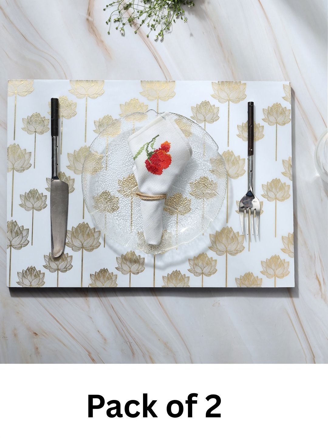 DULI Set Of 2 White Printed Wooden & Enamel Coated Rectangle Table Placemats