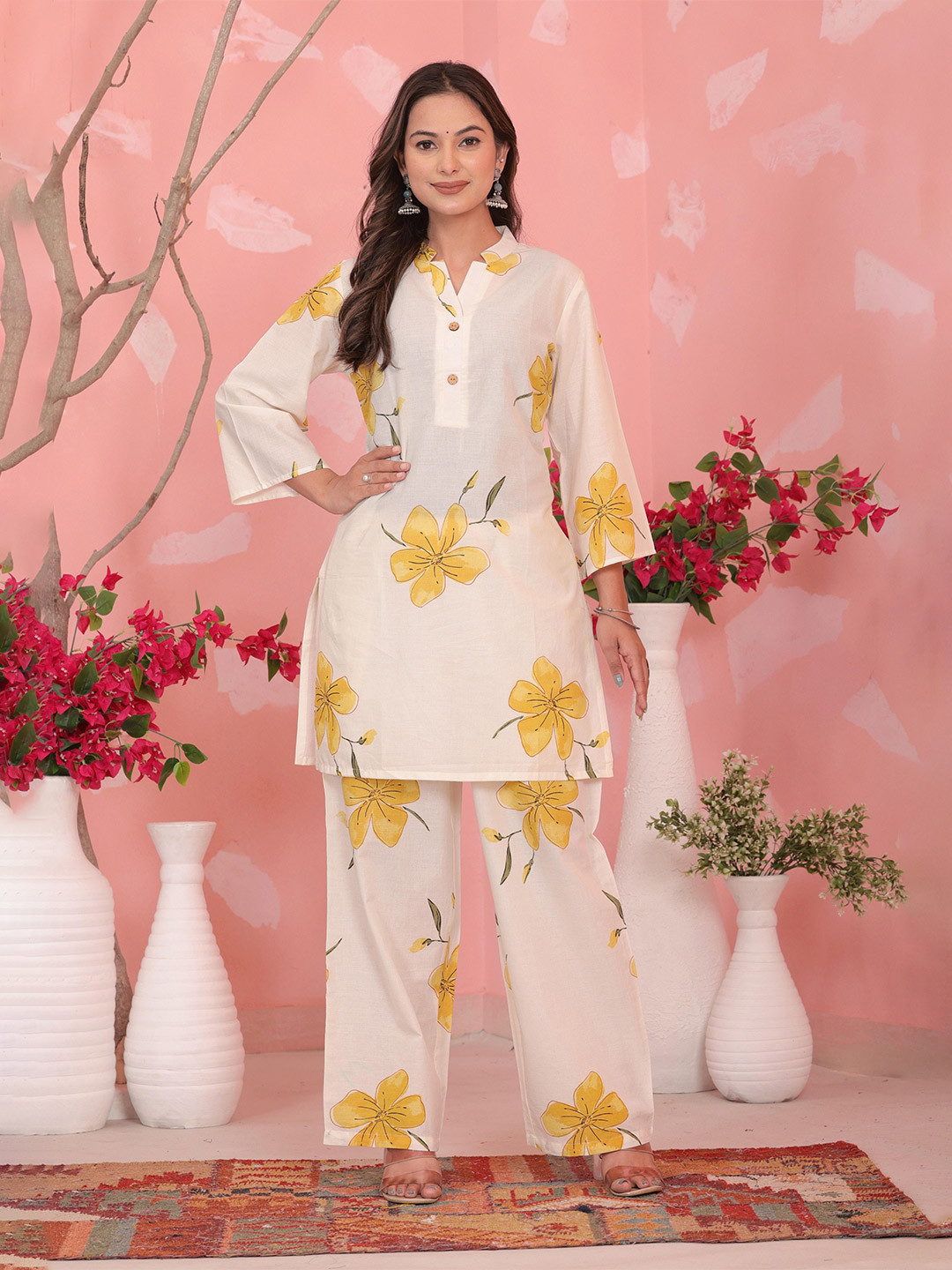Laad Sun Bloom Floral Printed Machine Wash Tunic With Palazzo