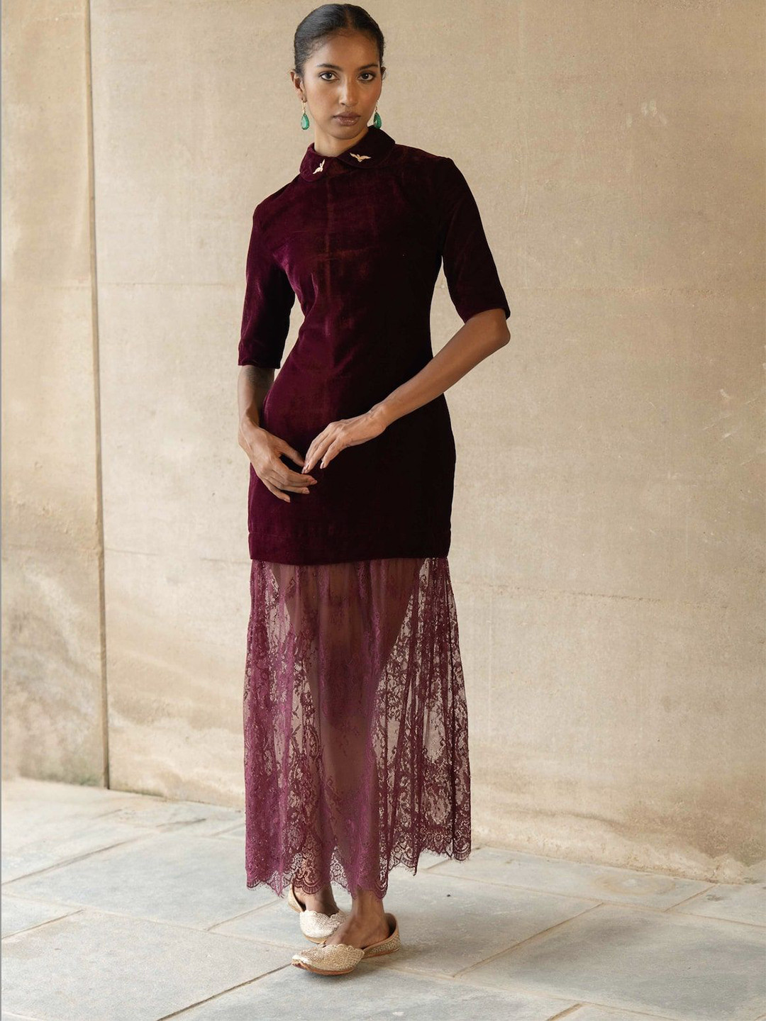 UNRUSH Wine Velvet Dress Lace