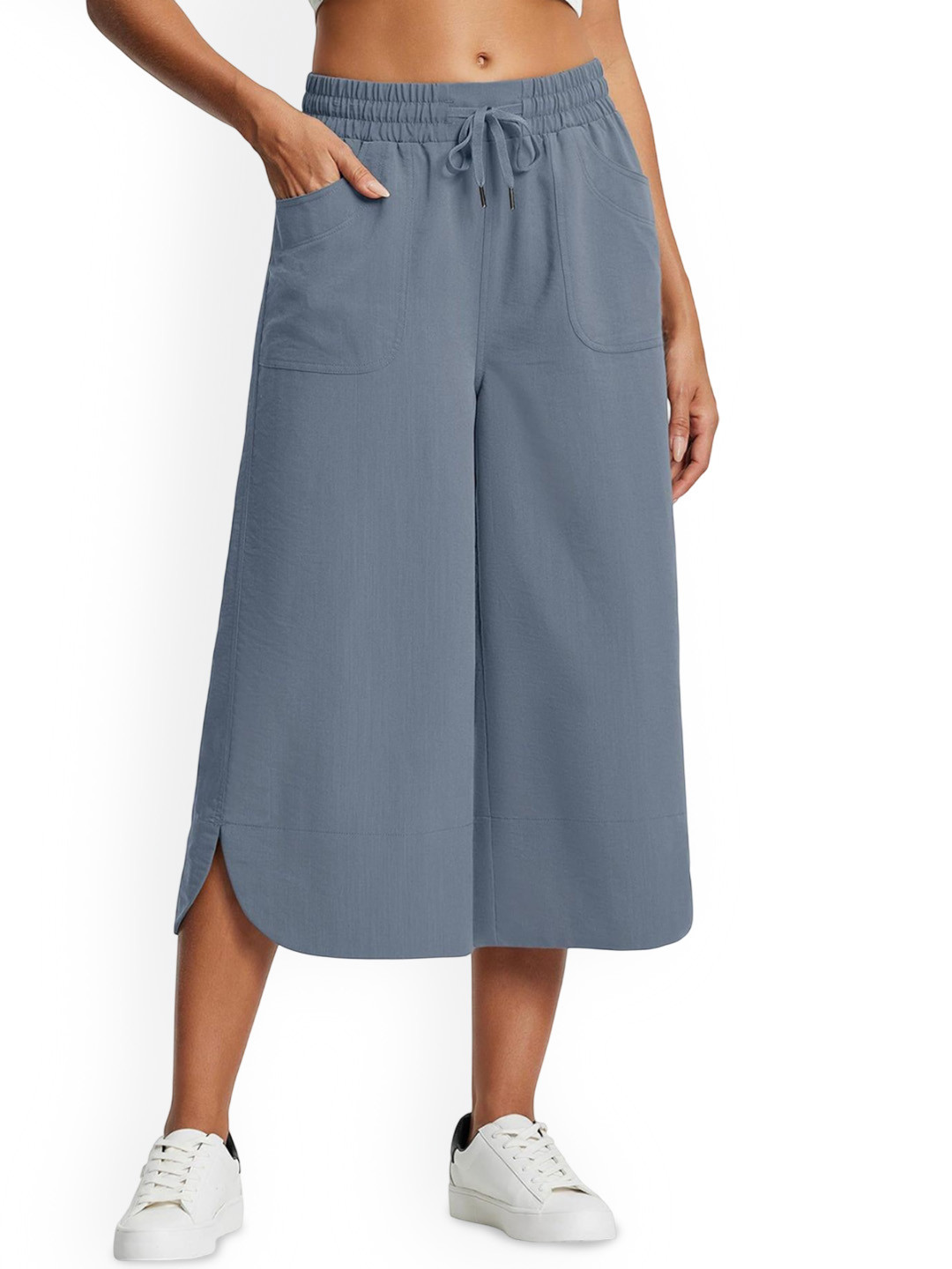 Outzidr Blue Wide Leg Calf Length Trouser