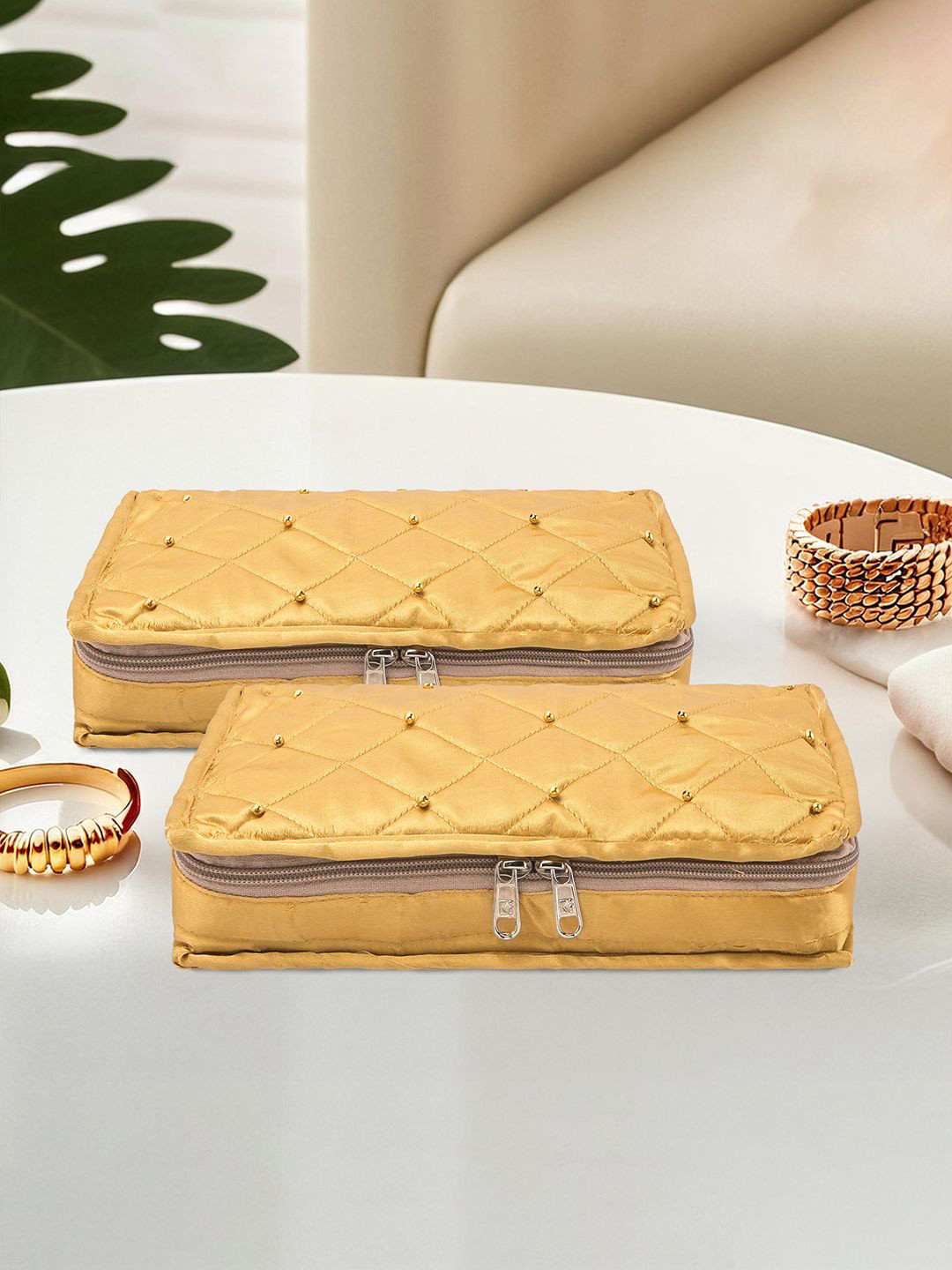 Kuber Industries Gold-Toned Set of 2 Satin Foldable Jewellery Organisers Bag with 6 Pouche