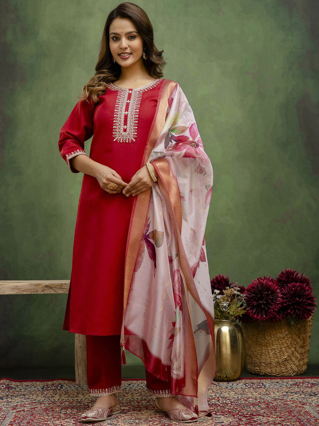 VredeVogel Women's Cotton Blend Straight Kurta Pant Set with Organza Dupatta