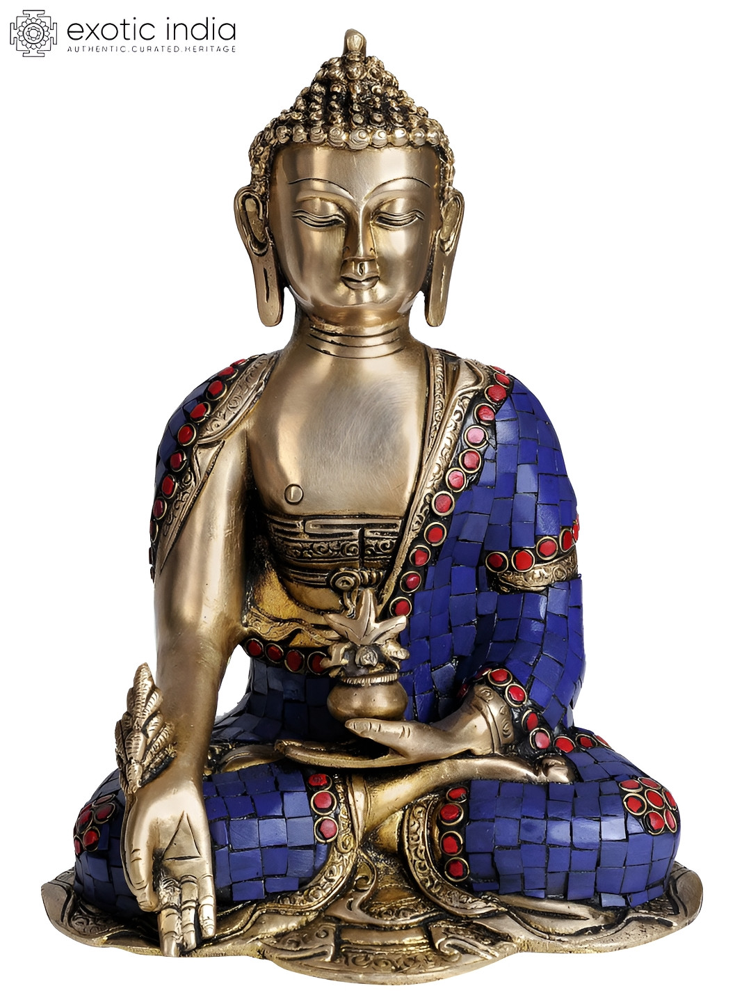 Exotic India Tibetan Buddhist Deity Lapis Healing Buddha Gold Brass Metallic Prayer Room Hand Made Medium Showpiece - 10 Inches