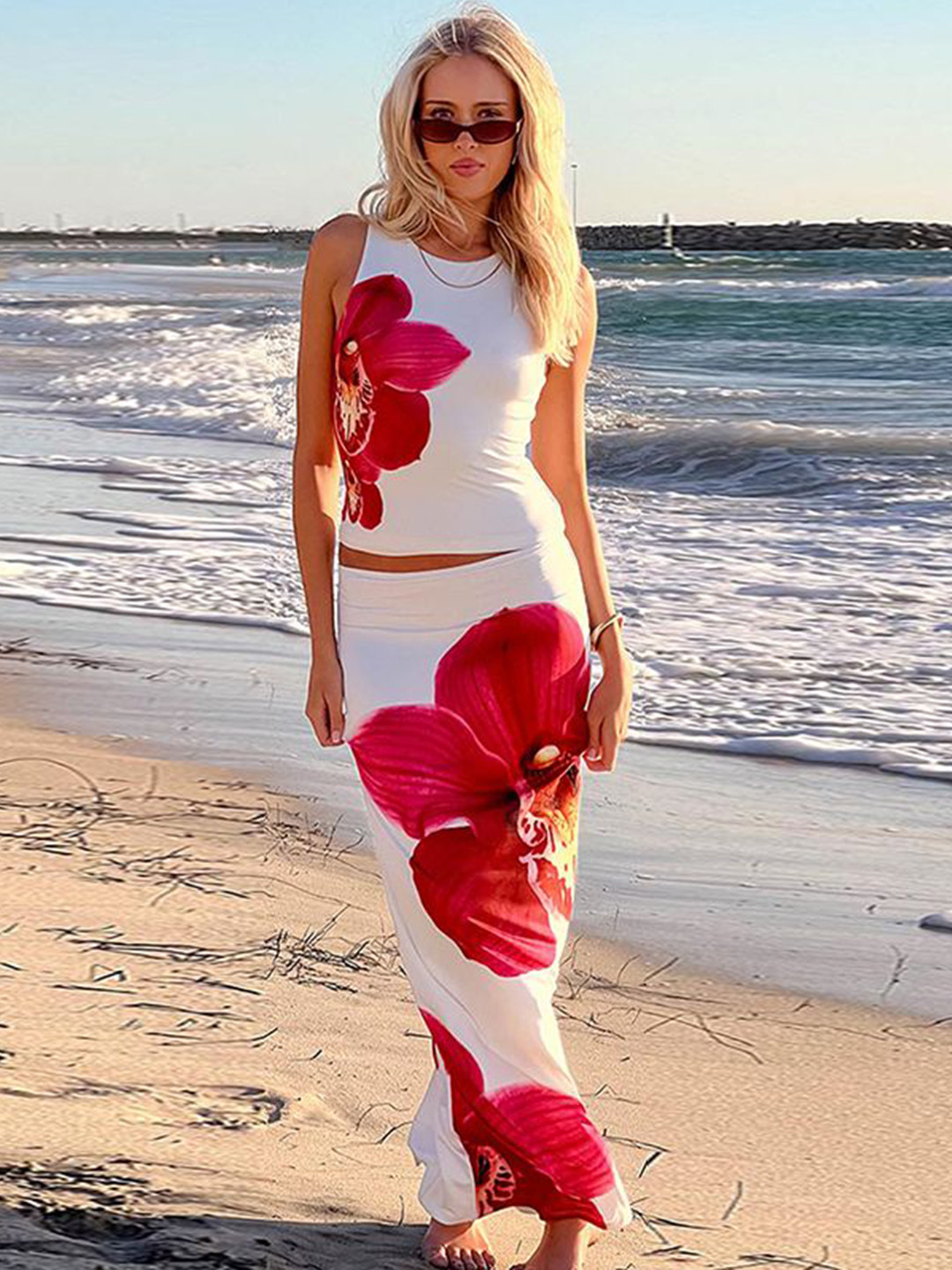 bebe Floral Print Round Neck Crop Top & Bodycon Maxi Skirt Set