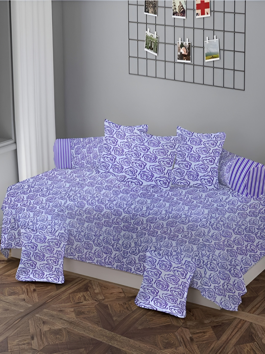Luxmi Cotton Fabrics 8-Pcs Purple & White PrintedDiwanSet