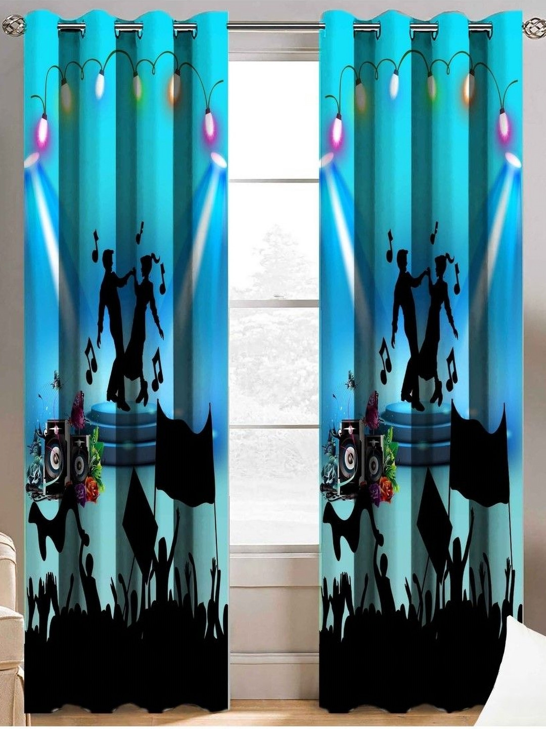 Aura Blue & Black 2 Pieces Couple Dance Printed Light Blocking  Window Curtain