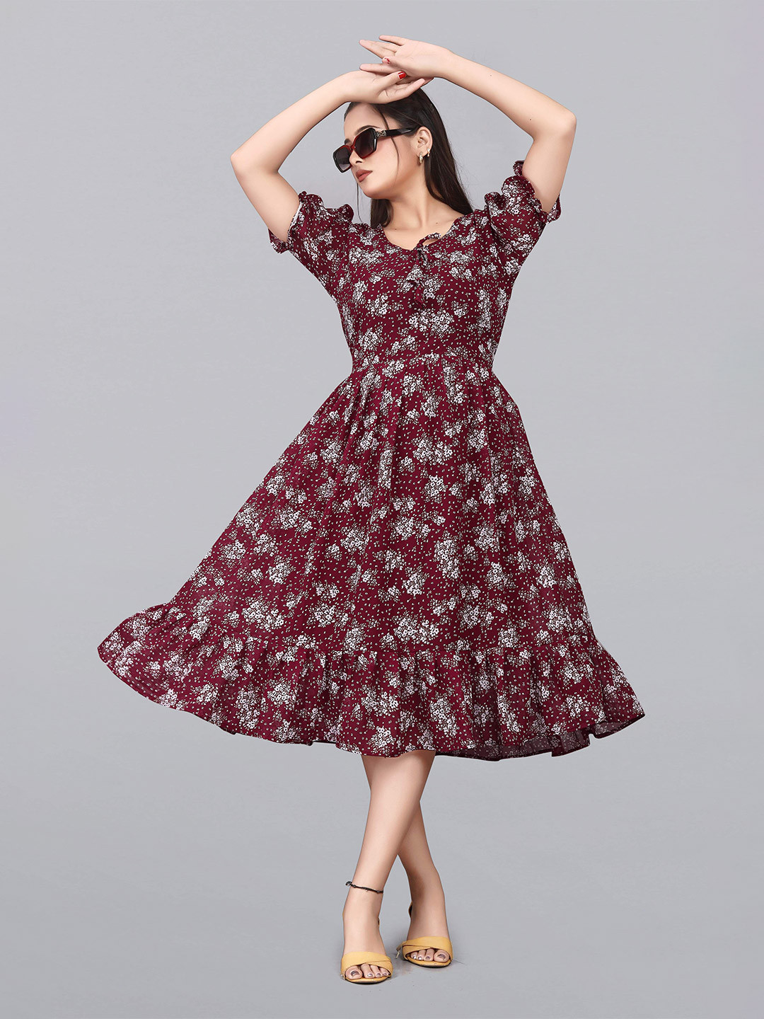Nautiful Women Floral Printed Puff Sleeve Fit & Flare Maxi Dress