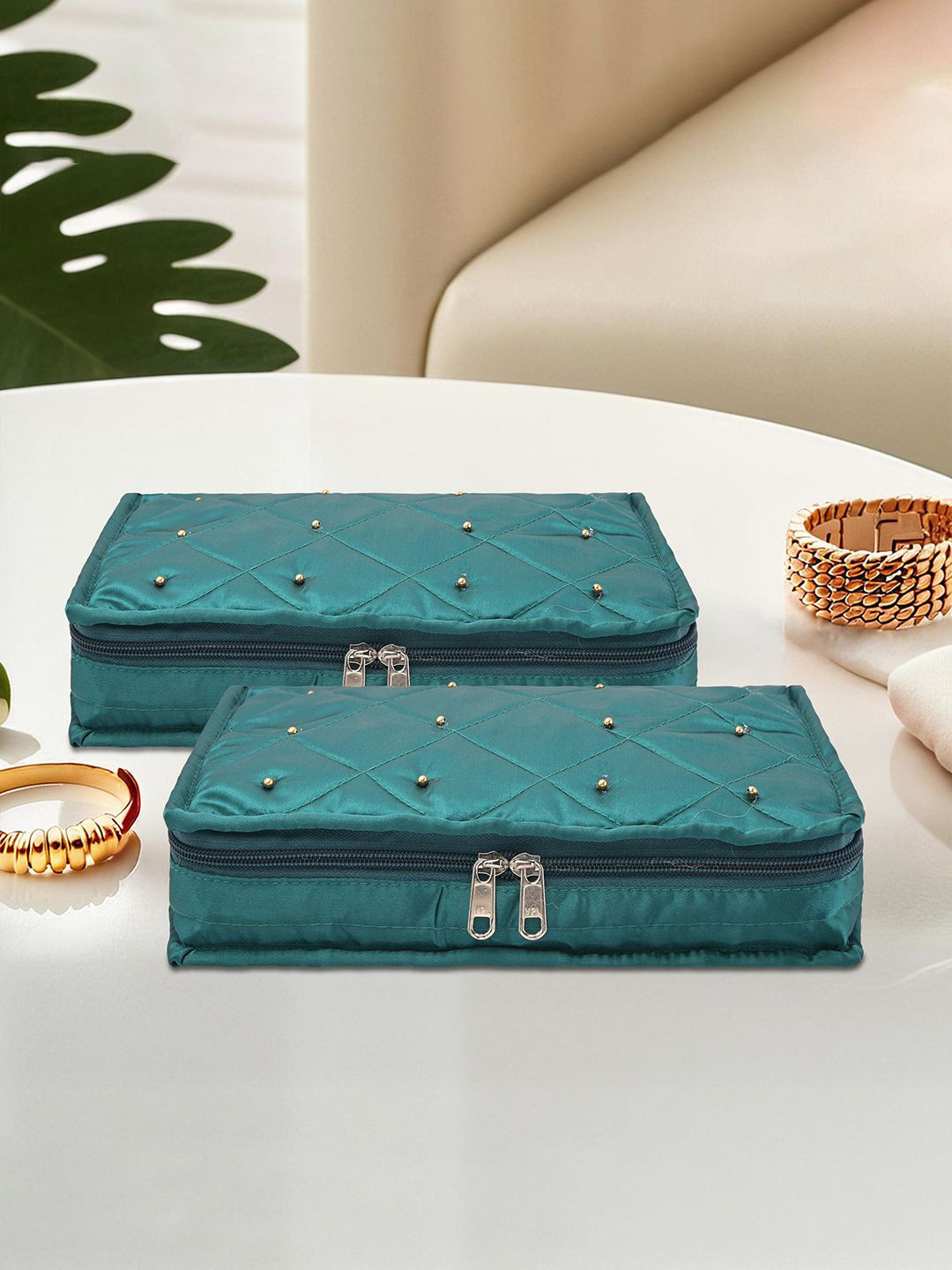 Kuber Industries Green Set of 2 Satin Foldable Jewellery Organisers Bag with 6 Pouche