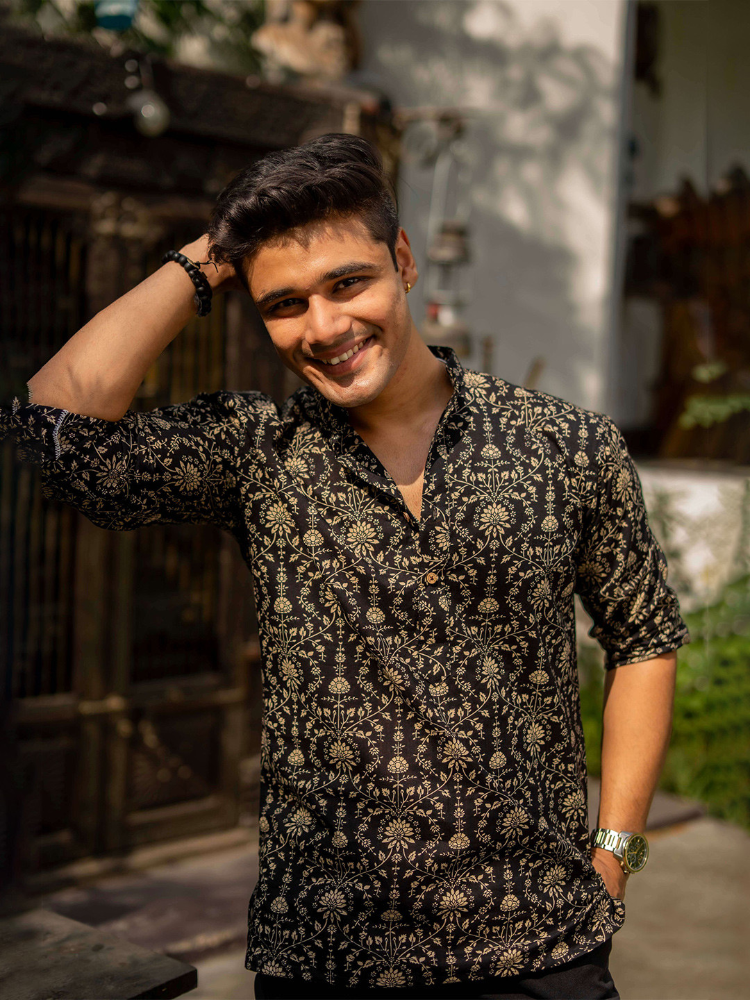 Shasak Floral Printed Mandarin Collar Cotton Short Kurta