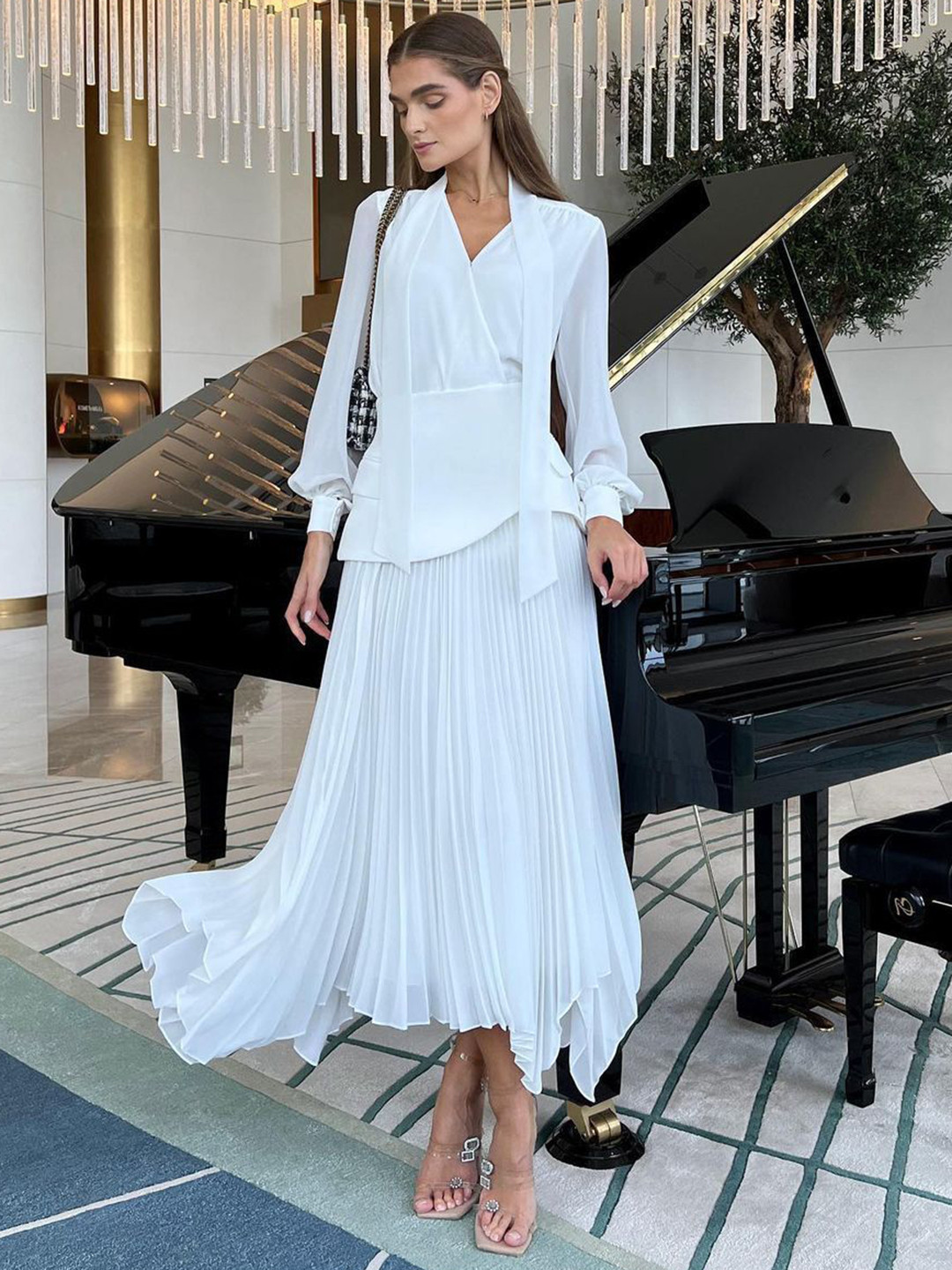 bebe White Wrap Style V-Neck Top With Accordion Pleat Asymmetrical Midi Skirt Co-ord Set
