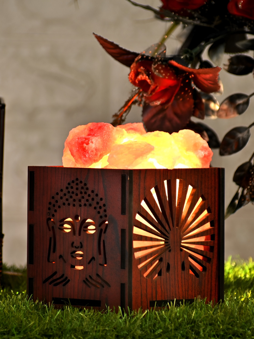 GLOBAL AROMA Basket Rock Salt Brown Wooden Buddha Face Square Table Lamp