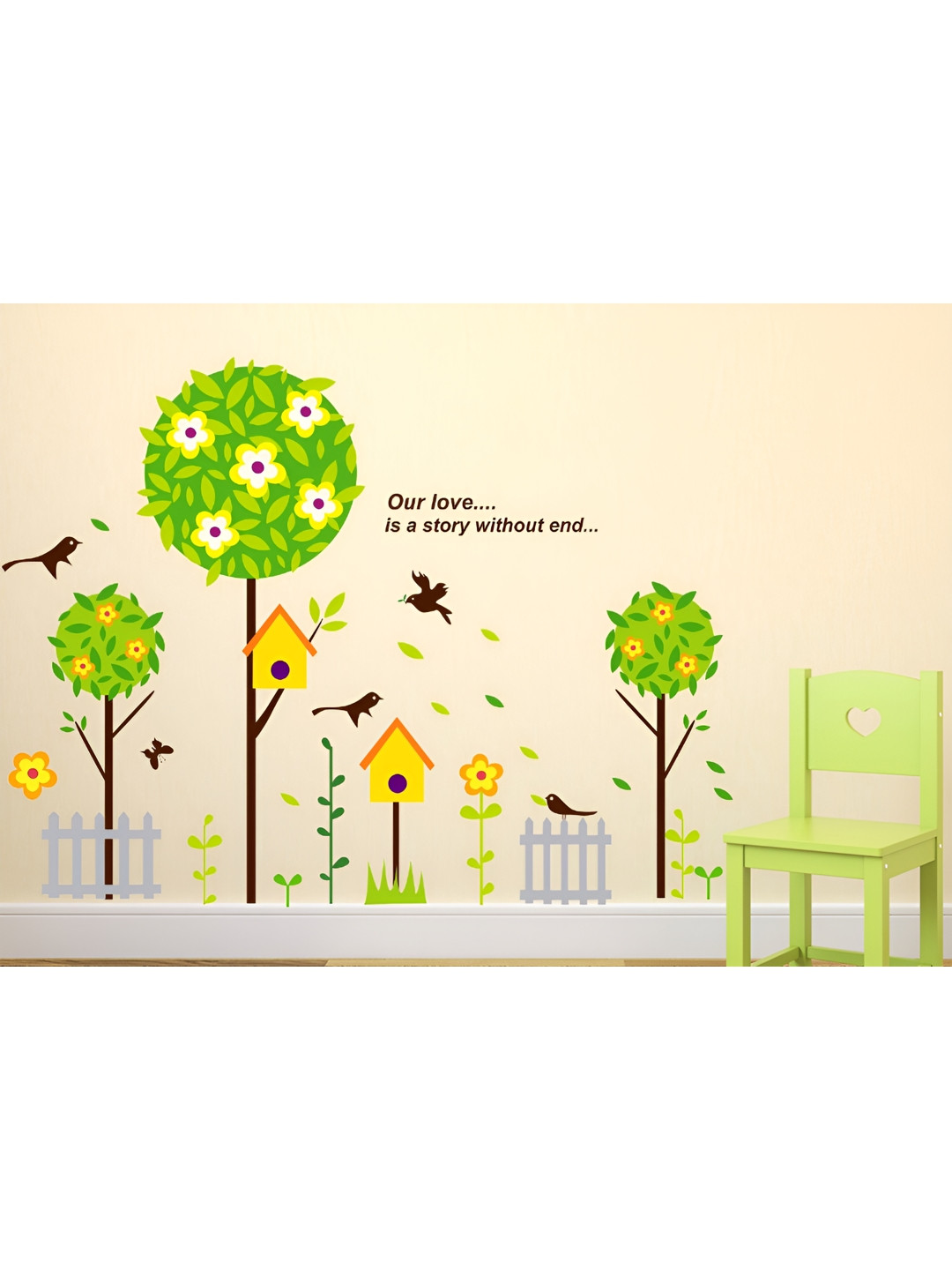 LANSTICK Green & Black Tree With Birds House Self Adhesive Wall Sticker