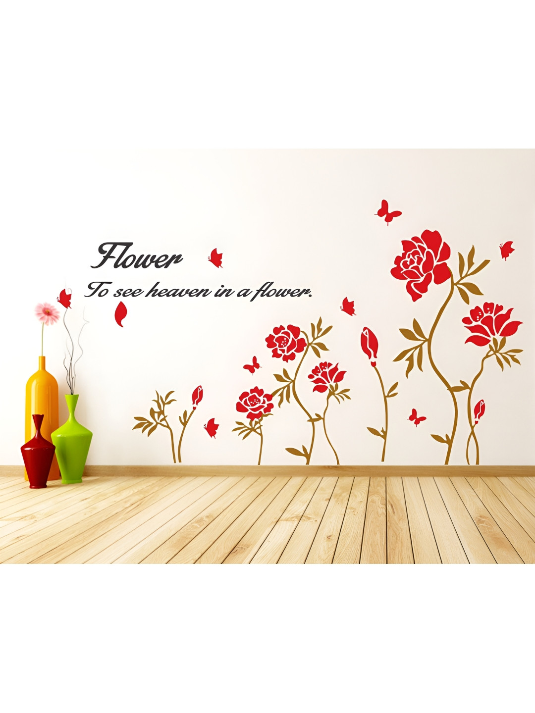LANSTICK Red & Green Flower Is A Heaven Self Adhesive Wall Sticker