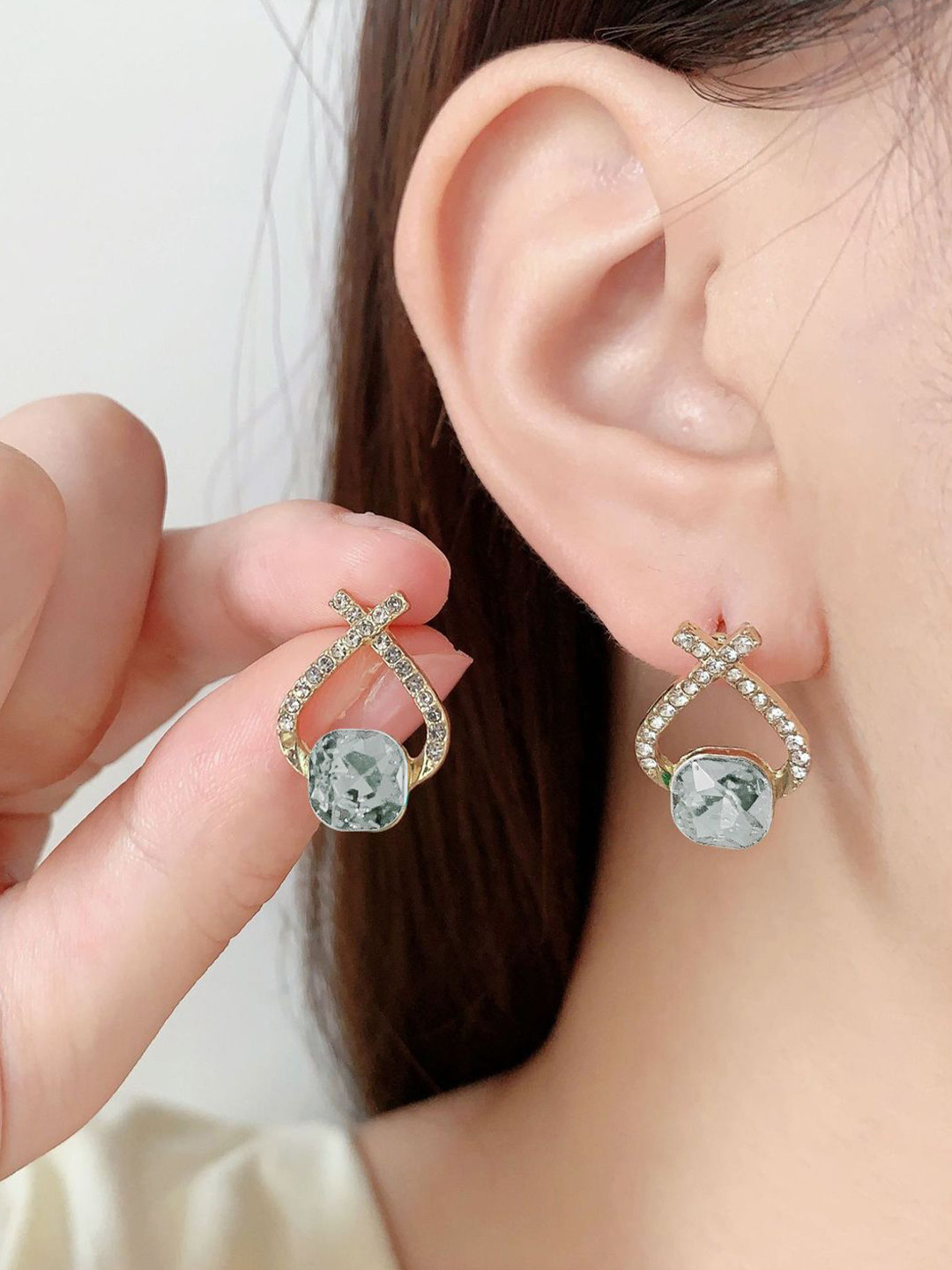 VAGHBHATT Gold-Plated CZ Studded Geometric Cushion-Cut Studs With Crossover Crystal Arch