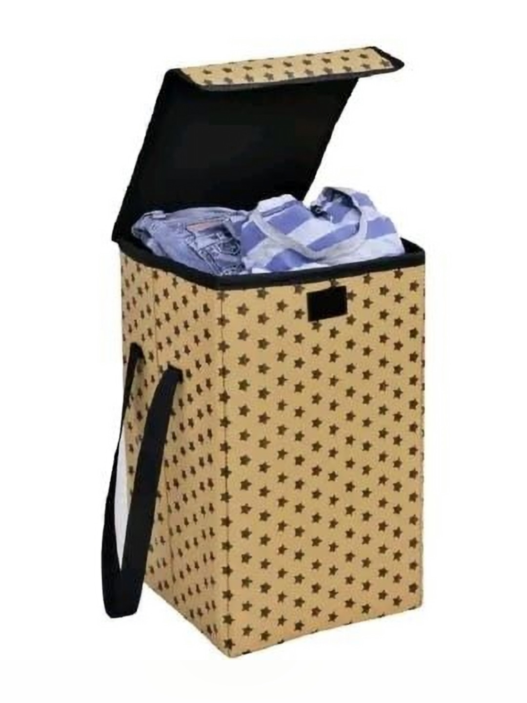 Aura Beige Star Printed Foldable Laundry Bag with Lid & Handles-75 l