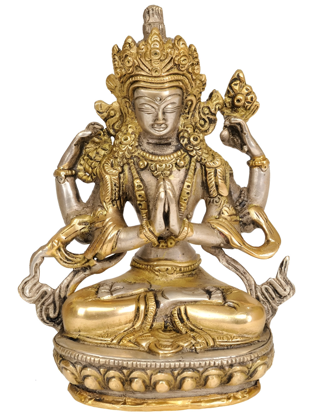 Exotic India Tibetan Buddhist Deity Chenrezig Silver Brass Metallic Prayer Room Small Showpiece - 5.5 Inches