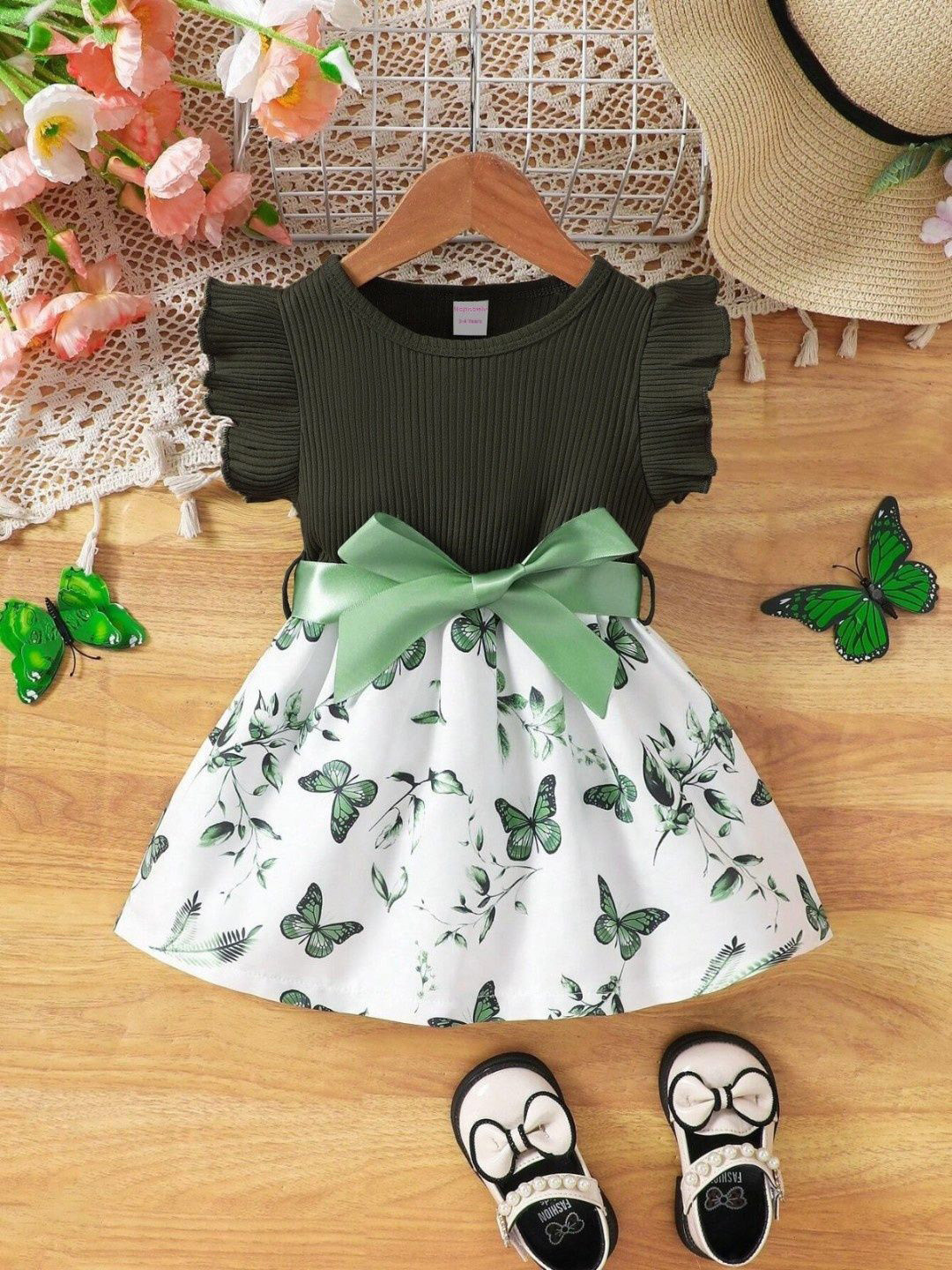HOPZONIC Girls floral Belted Polyester shift Dress