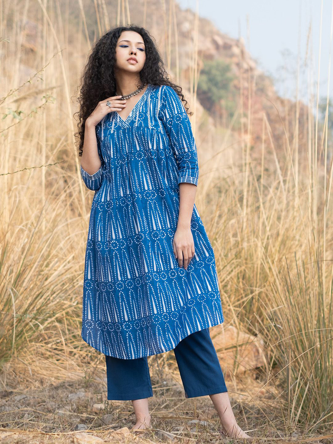 AKISO Women Abstract Printed Block Print Daily Cotton A-Line Kurta