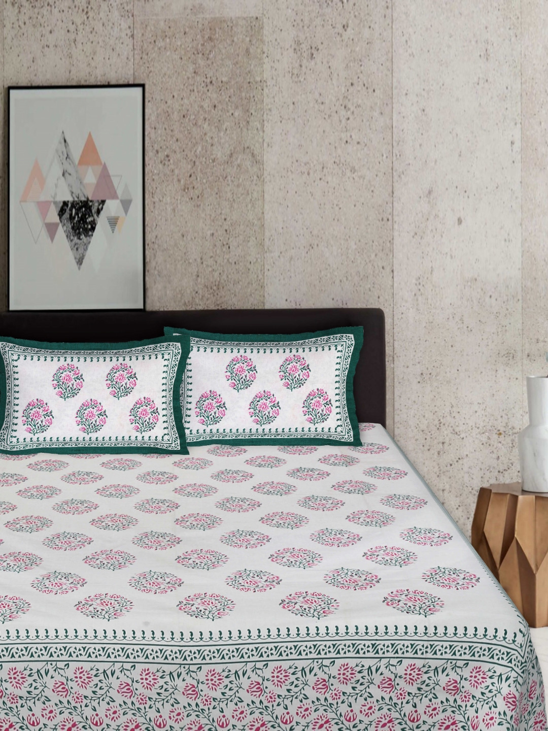 Rudra Bazaar Syona Sea Green Ethnic Motifs Cotton 210 TC King Fine Bedsheet with 2 Pillow Covers-108 x 91 inches