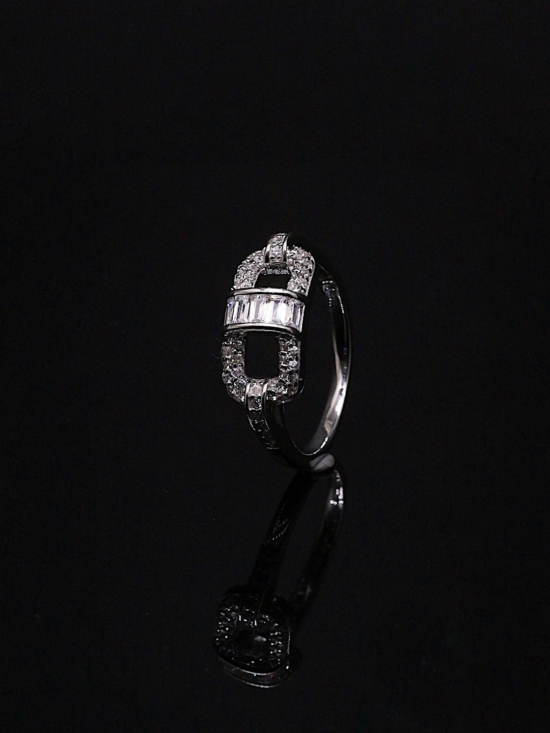 Silver by HM Rhodium-Plated Swiss Zirconia-Studded Adjustable Finger Ring