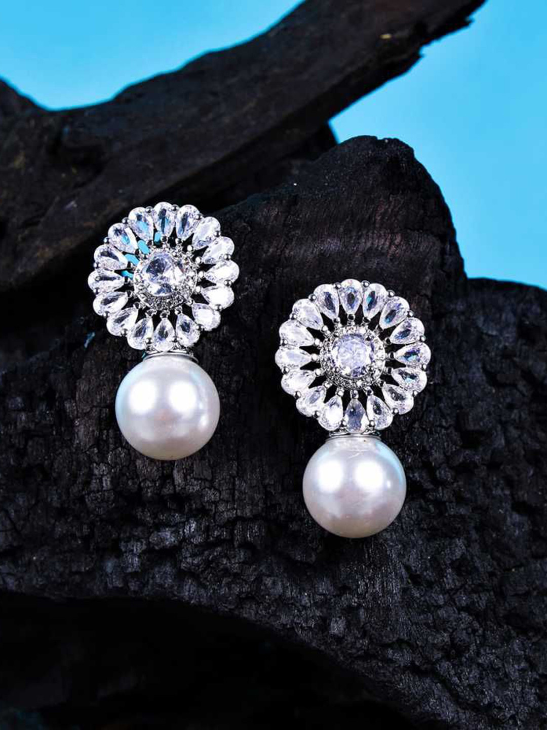 Bling Queen Silver-Plated Artificial Stones Studded & Pearls Beaded Floral Drop Earrings