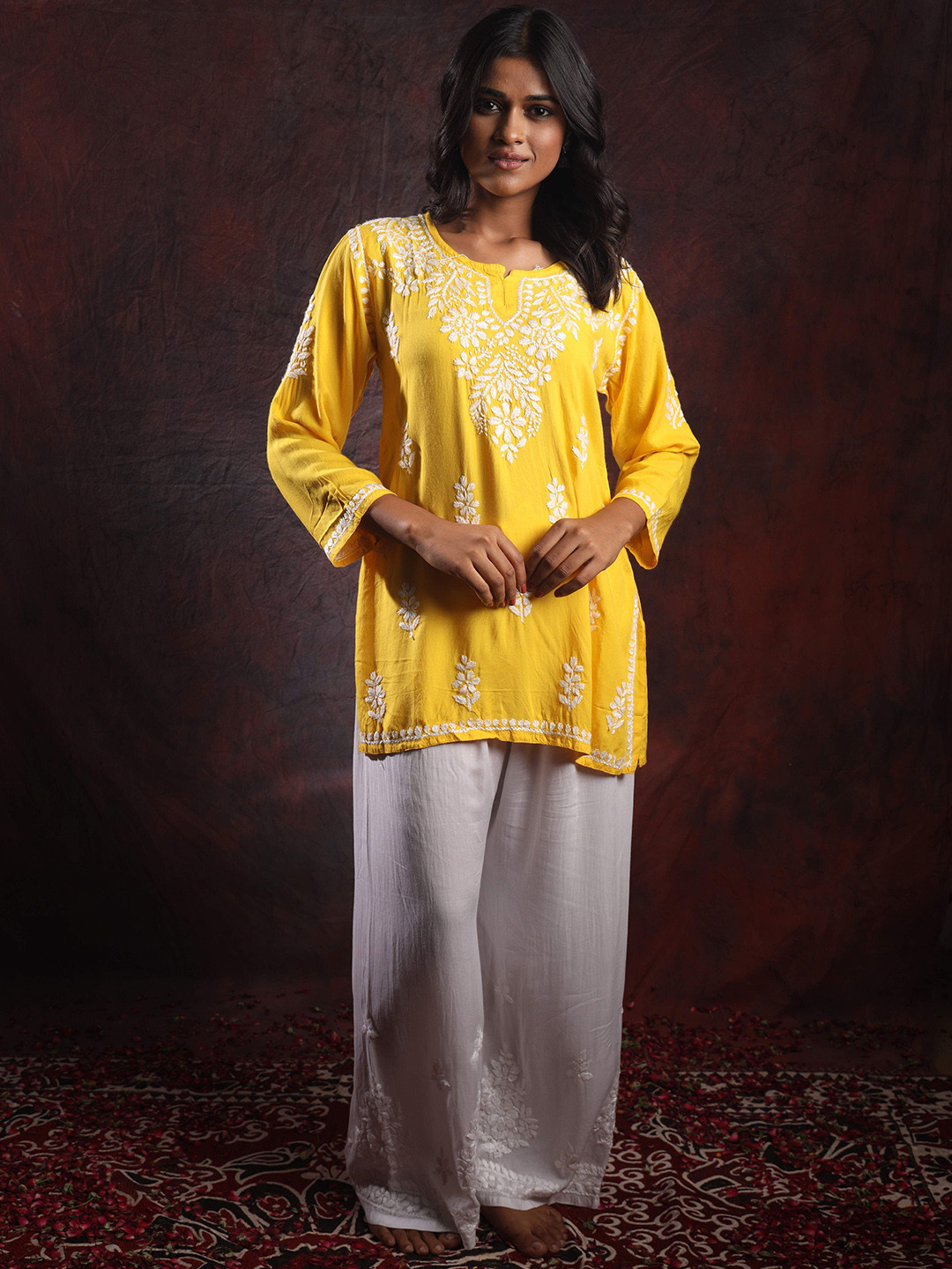 GHARANA INDIA Modal Cotton Yellow Chikankari Top